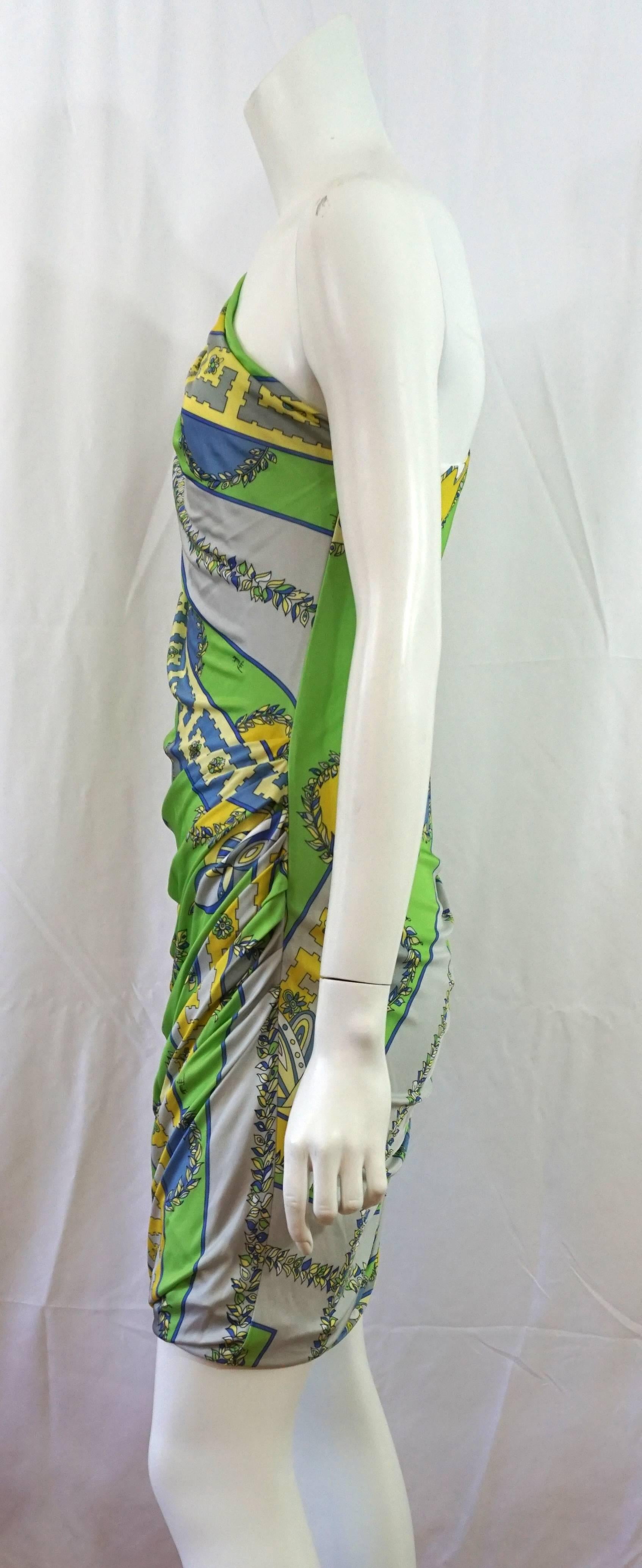 Emilio Pucci Green/Blue/Yellow One Shoulder Dress-42  This dress is draped starting from the right shoulder across and then again from the left hip across with ruching along the front and back of the dress.  The pattern is like a greek key and olive