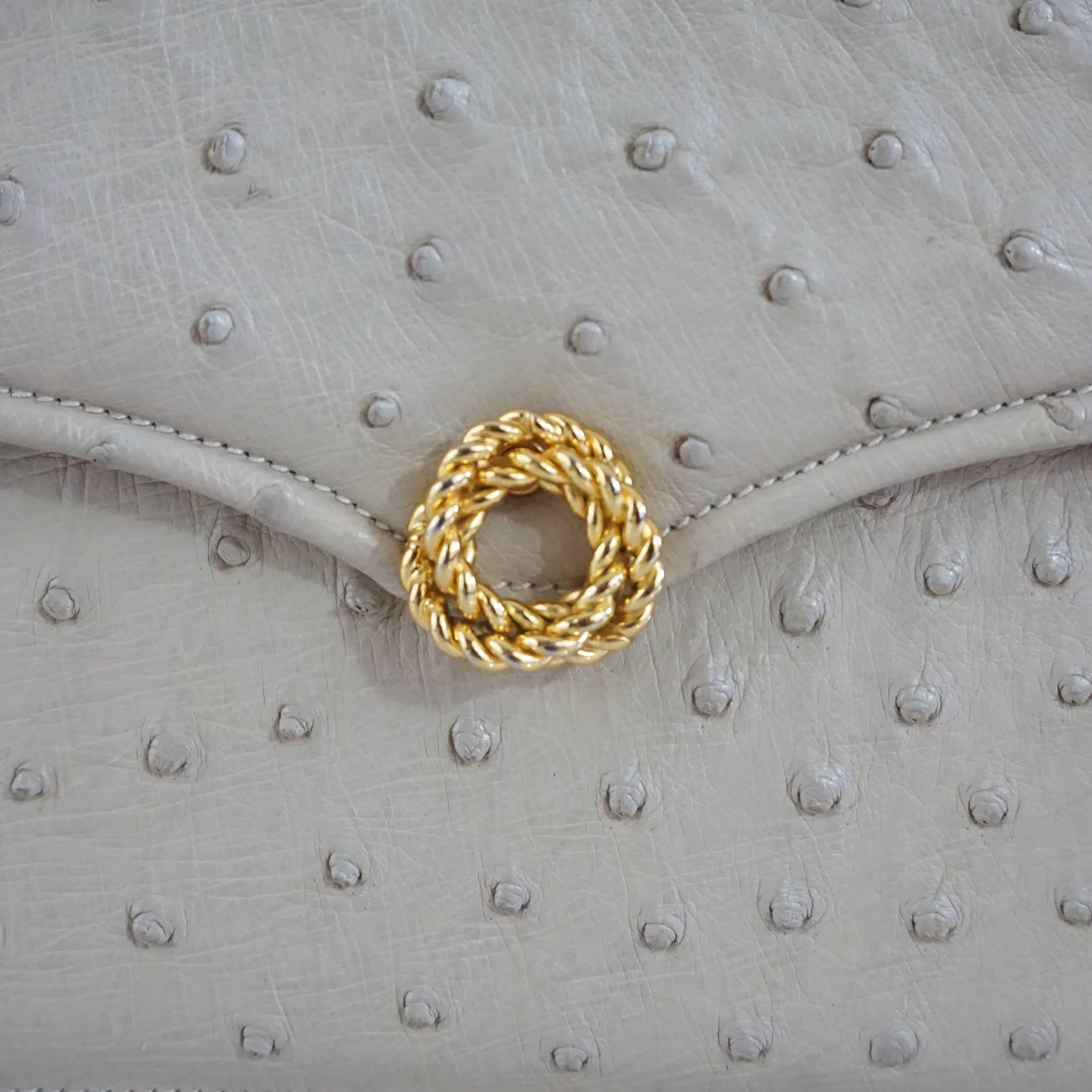 Brown Gucci Bone Ostrich Envelope Clutch with Gold Clasp - 1950's