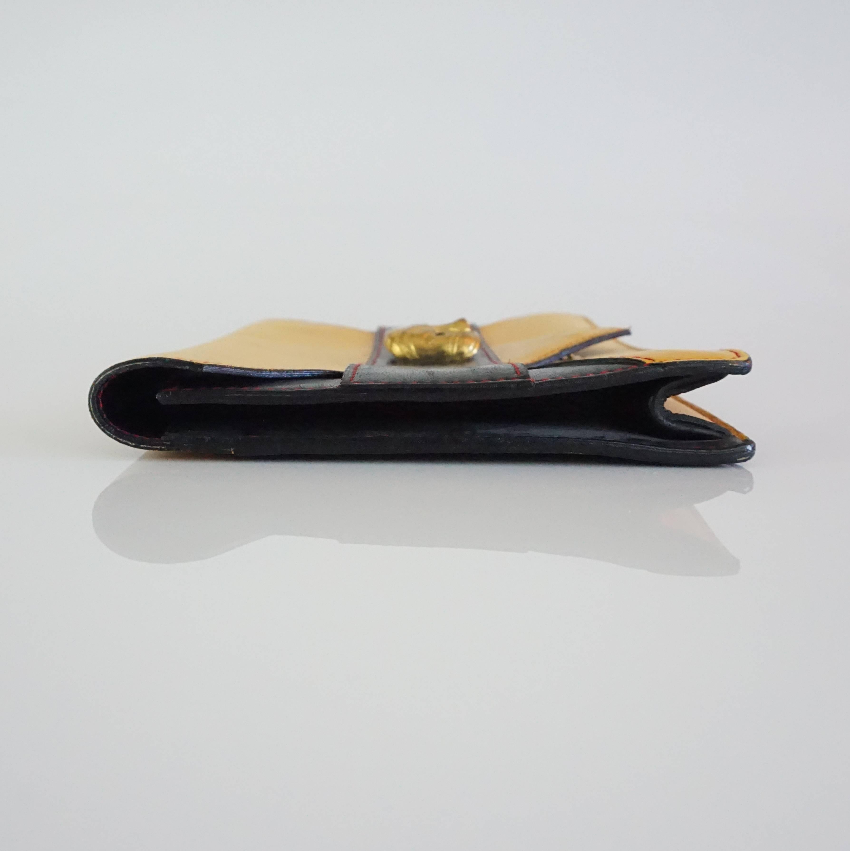 Yellow Isabel Canovas Black & Mustard Leather Masquerade Envelope Clutch - 1980's