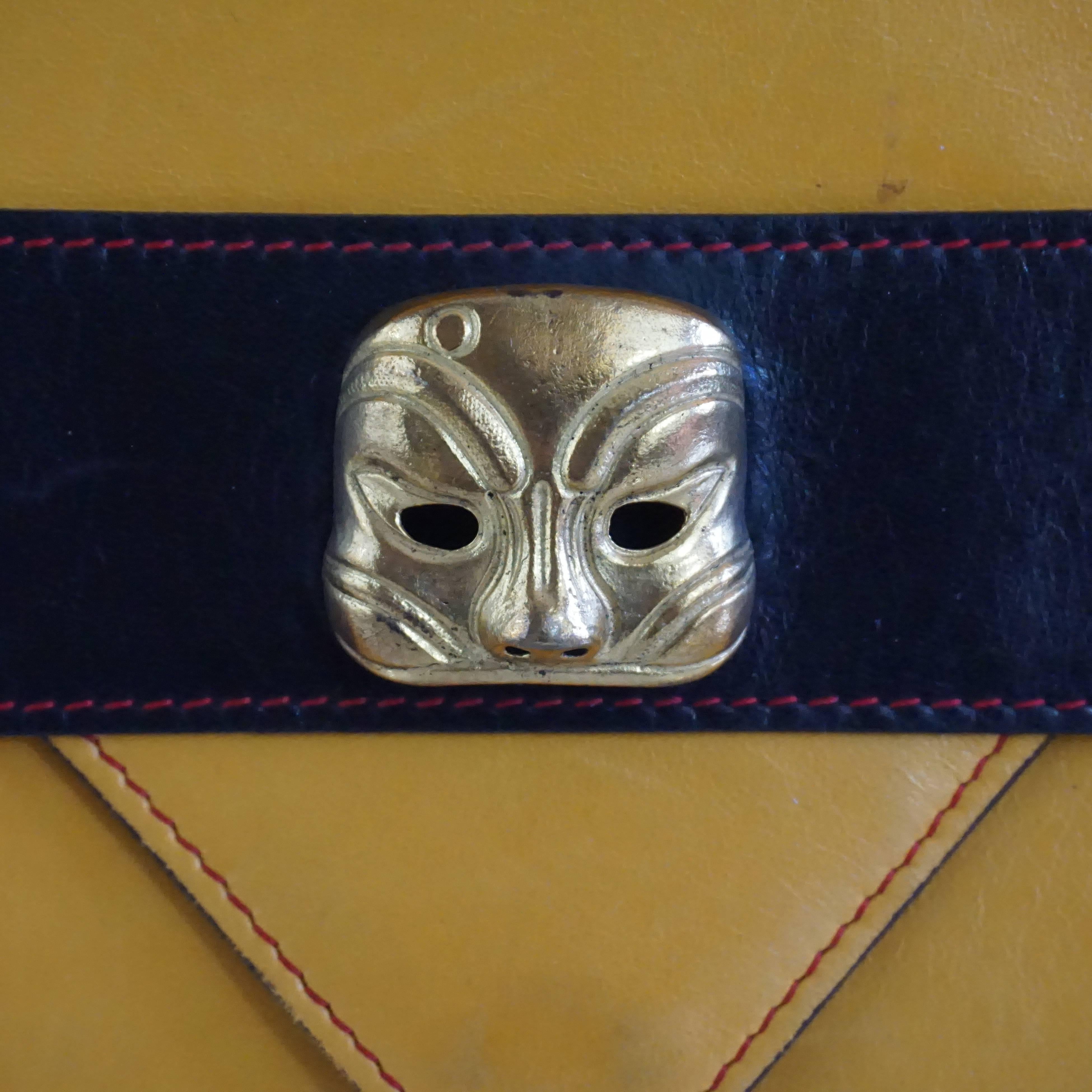 Women's or Men's Isabel Canovas Black & Mustard Leather Masquerade Envelope Clutch - 1980's