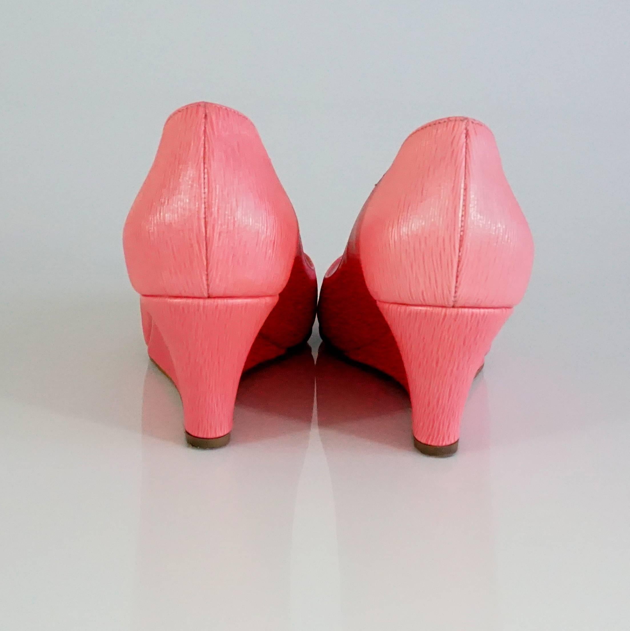 Women's Sergio Rossi Pink Epi Leather Open Toe Wedges - 36.5