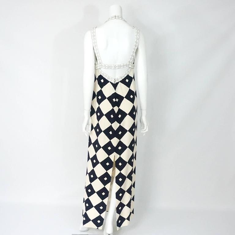Galanos Ivory and Navy Diamond Print Silk Gown w/ white beaing-8-Circa ...