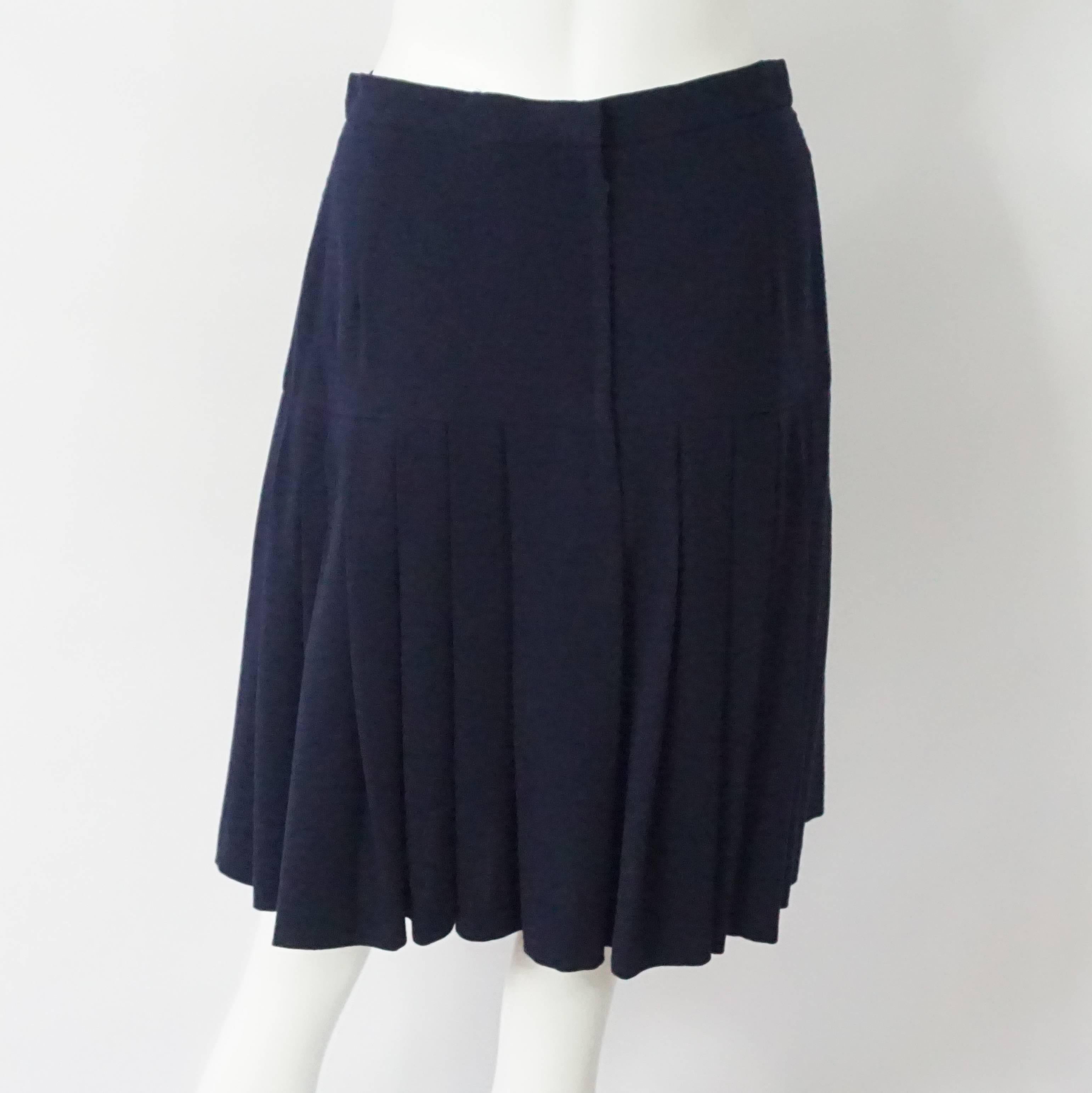 Black Chanel Navy Wool Pleated Skirt w/ white patent detail - 40 - Circa 80's