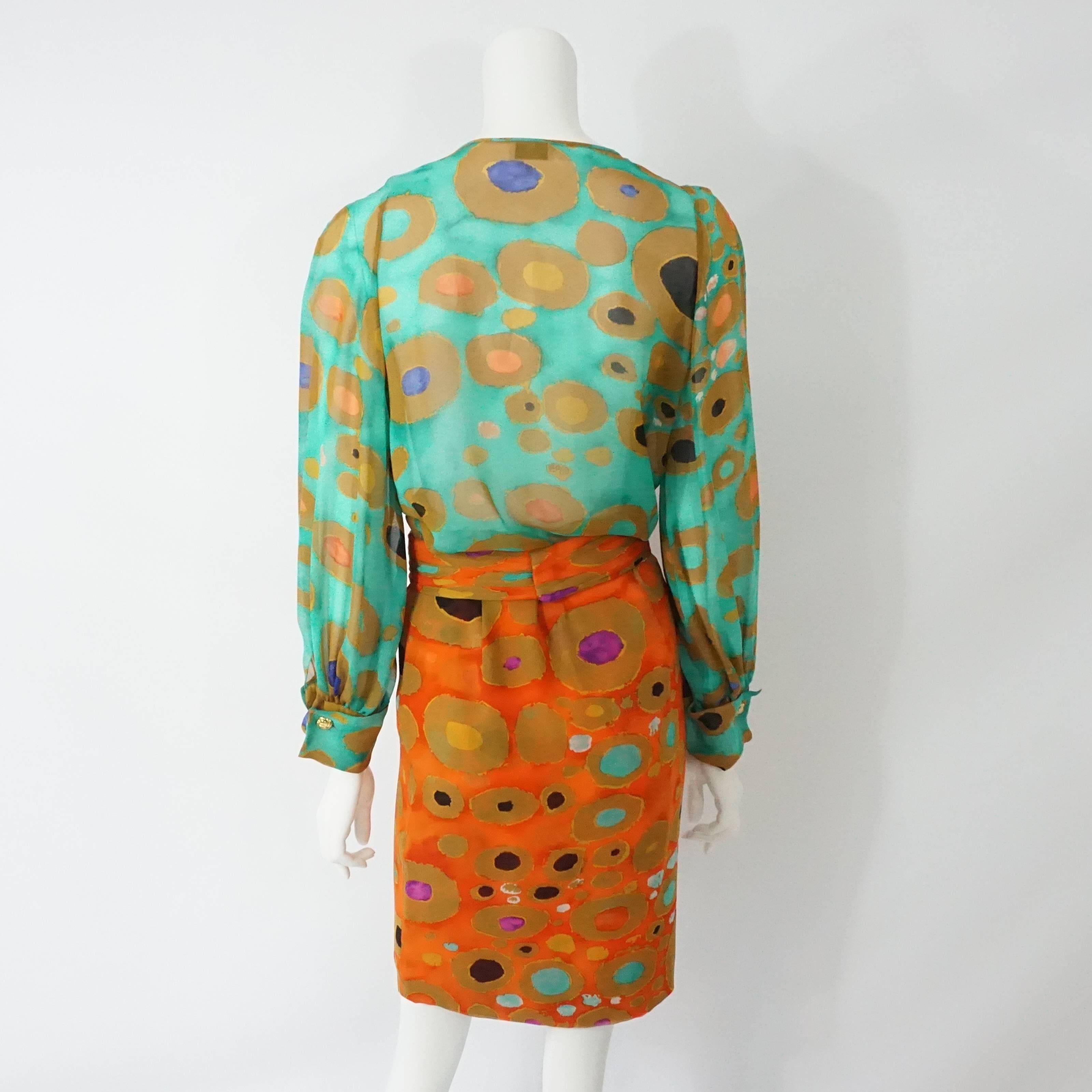 Brown Valentino Multi Color Silk Top and Matching Skirt - 4 - Circa 80's