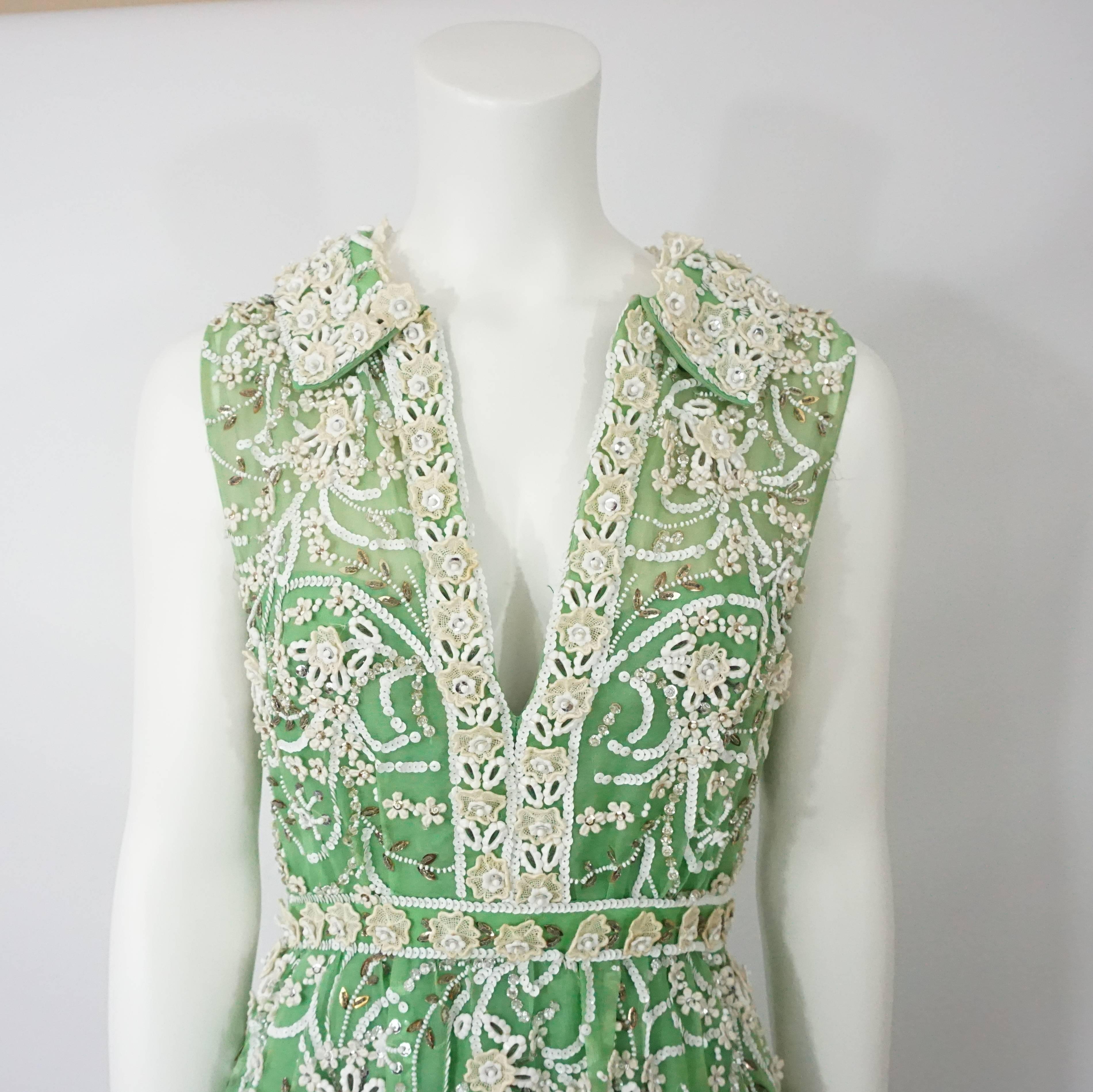 Malcolm Starr Heavily Beaded Green Silk Organza Gown, Circa 1970s In Excellent Condition For Sale In West Palm Beach, FL