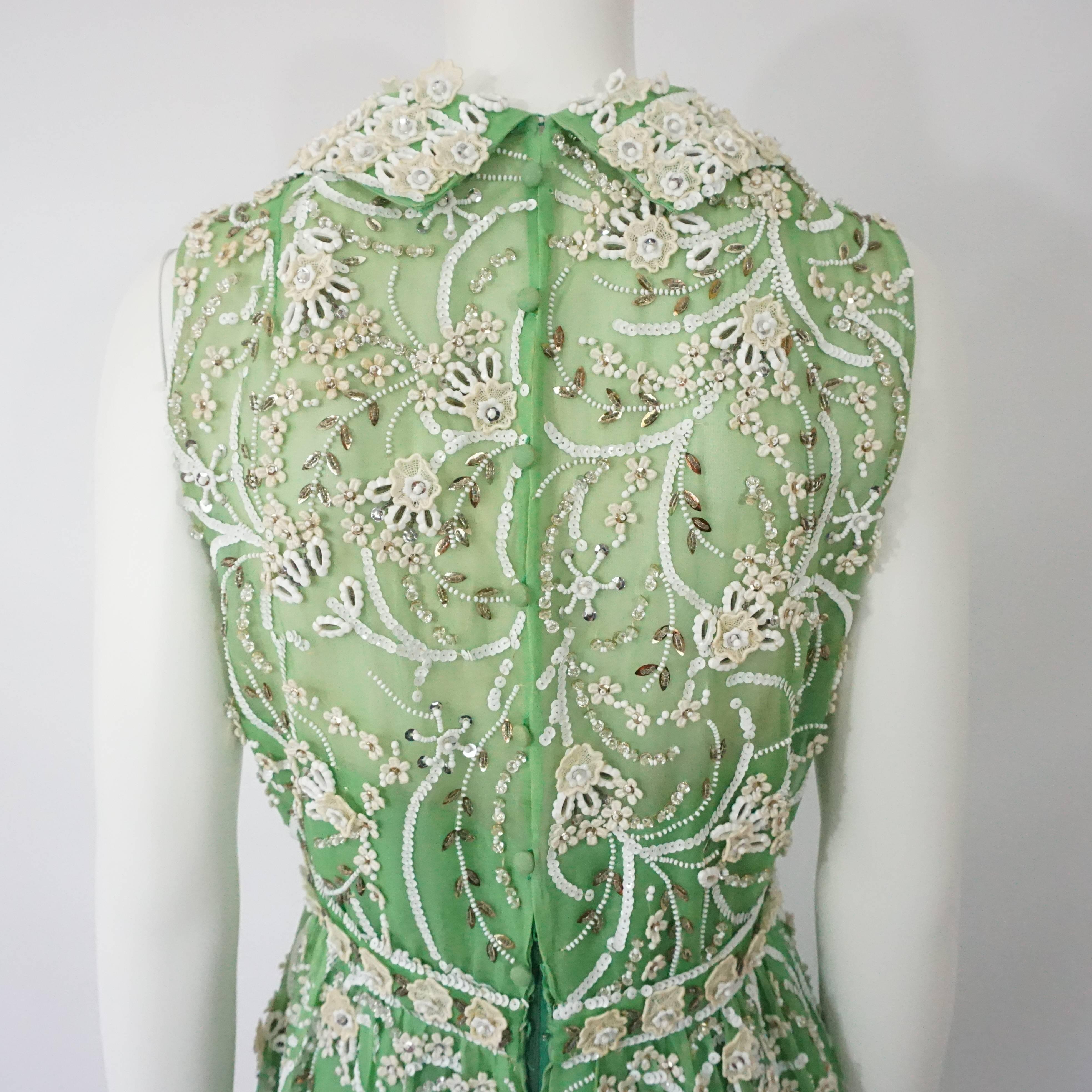 Women's Malcolm Starr Heavily Beaded Green Silk Organza Gown, Circa 1970s For Sale