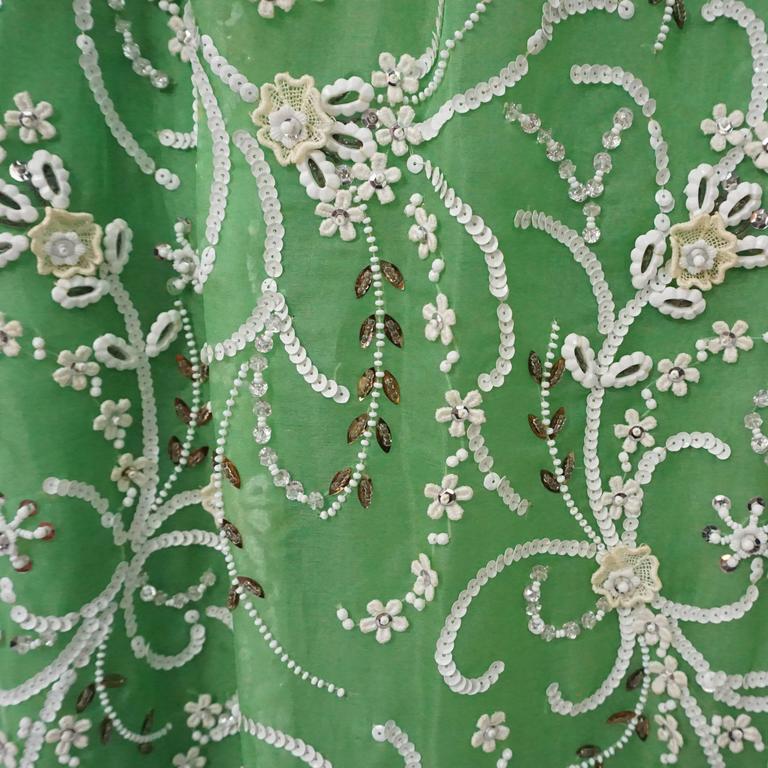 Malcolm Starr Heavily Beaded Green Silk Organza Gown, Circa 1970s For Sale 2