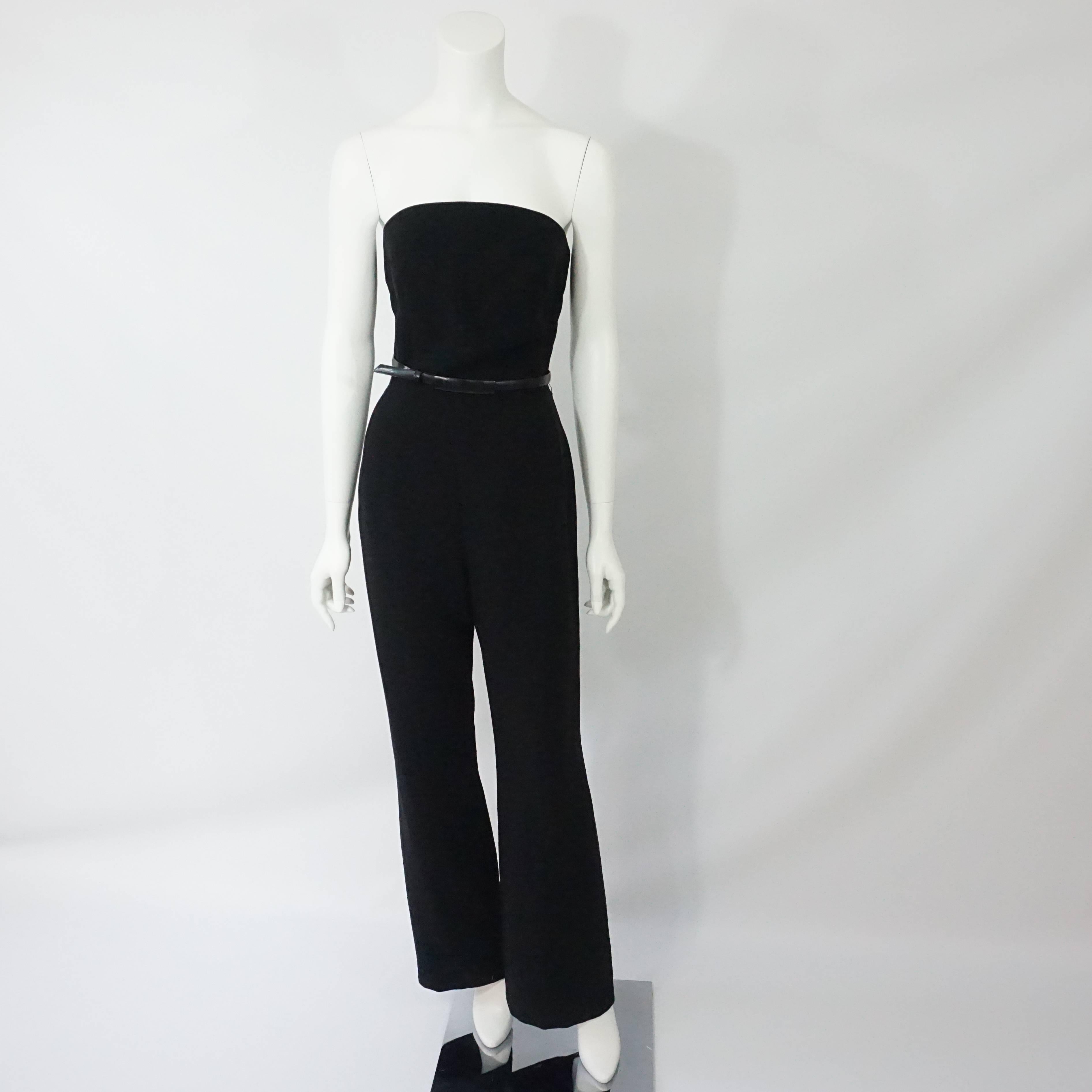 Thierry Mugler Black Strapless Jumpsuit w/ Lace Soutache Jacket-40 Circa 80's This amazing and collectible Thierry Mugler piece is not only timeless but quite a show stopper. The ensemble also comes with a thin leather belt. This outfit is in