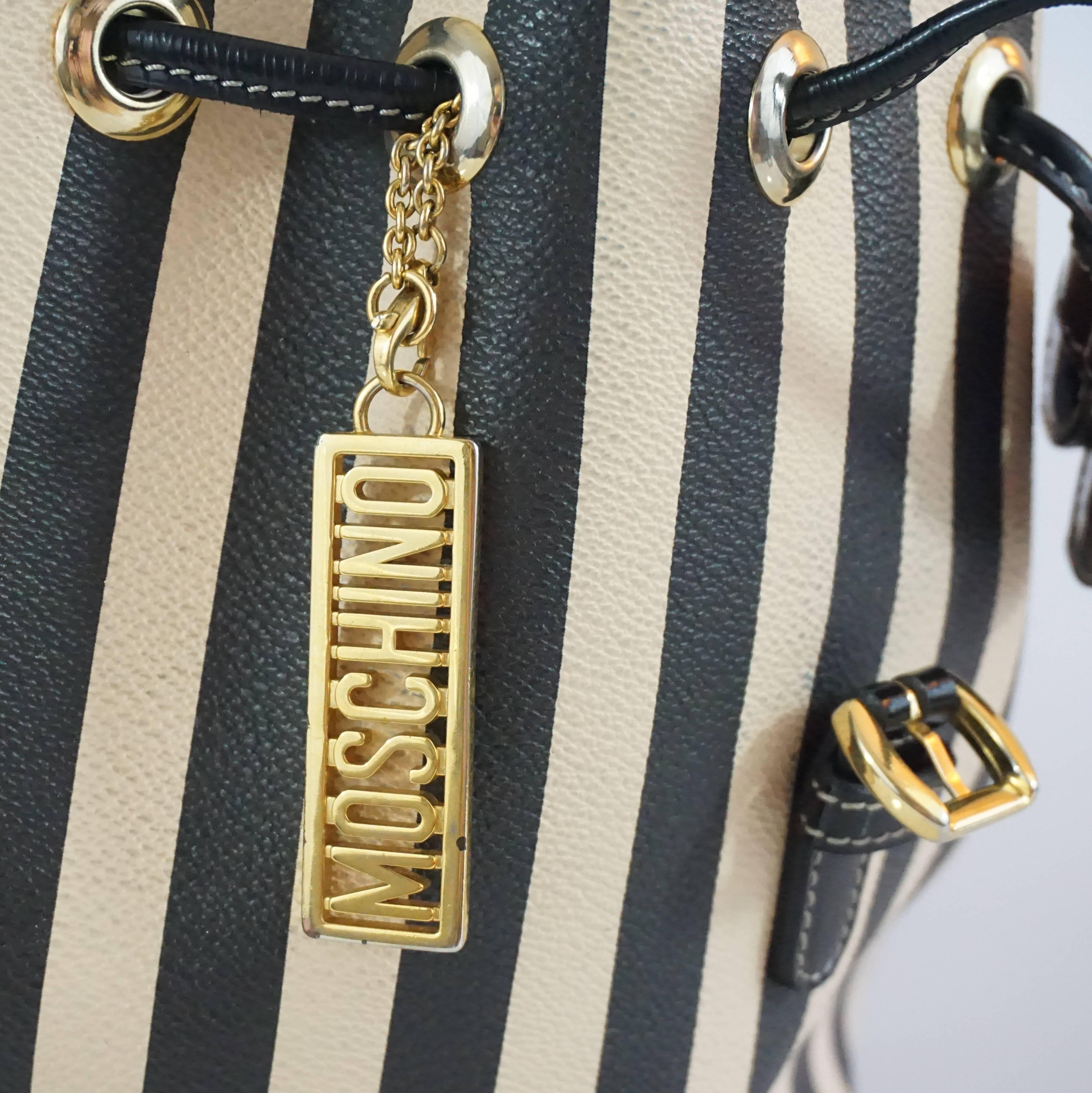 Moschino Tan and Black Stiped Bucket Drawstring Backpack-GHW-90