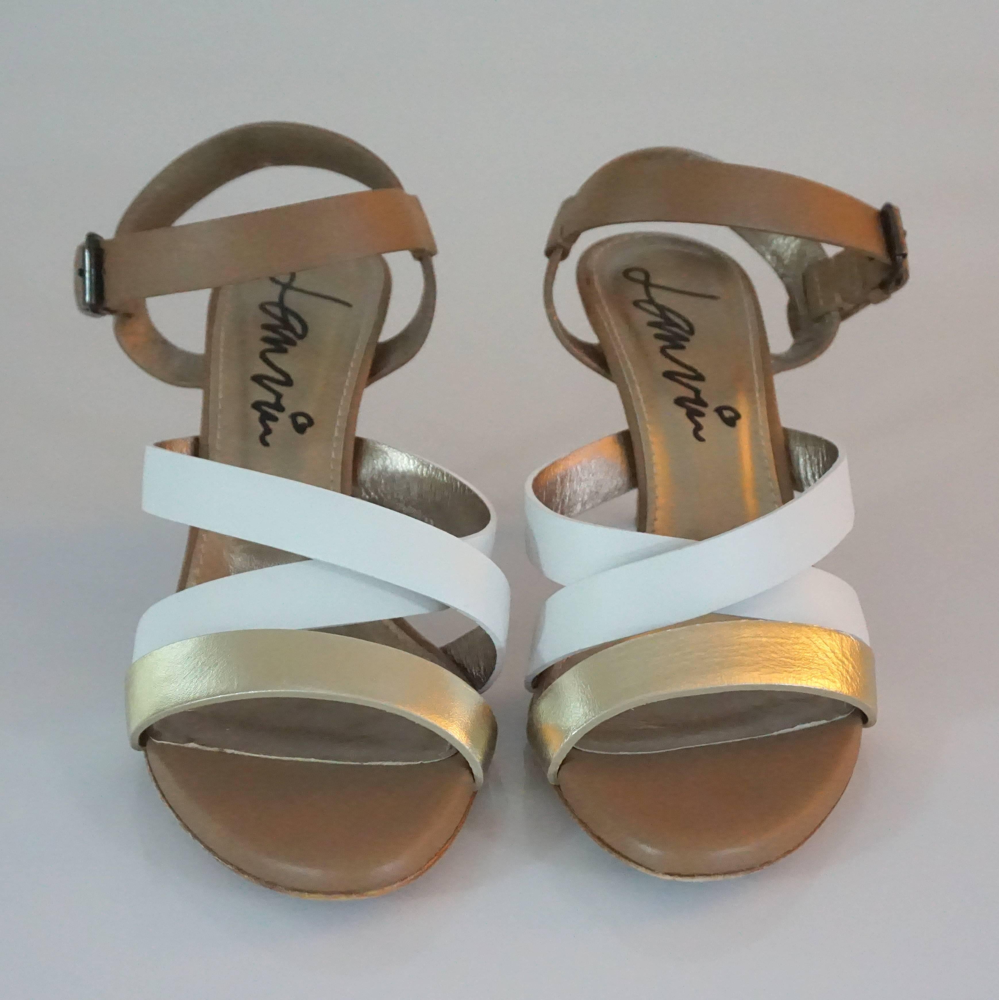 Brown Lanvin Tan/White/Gold Strappy Leather Sandal - 37
