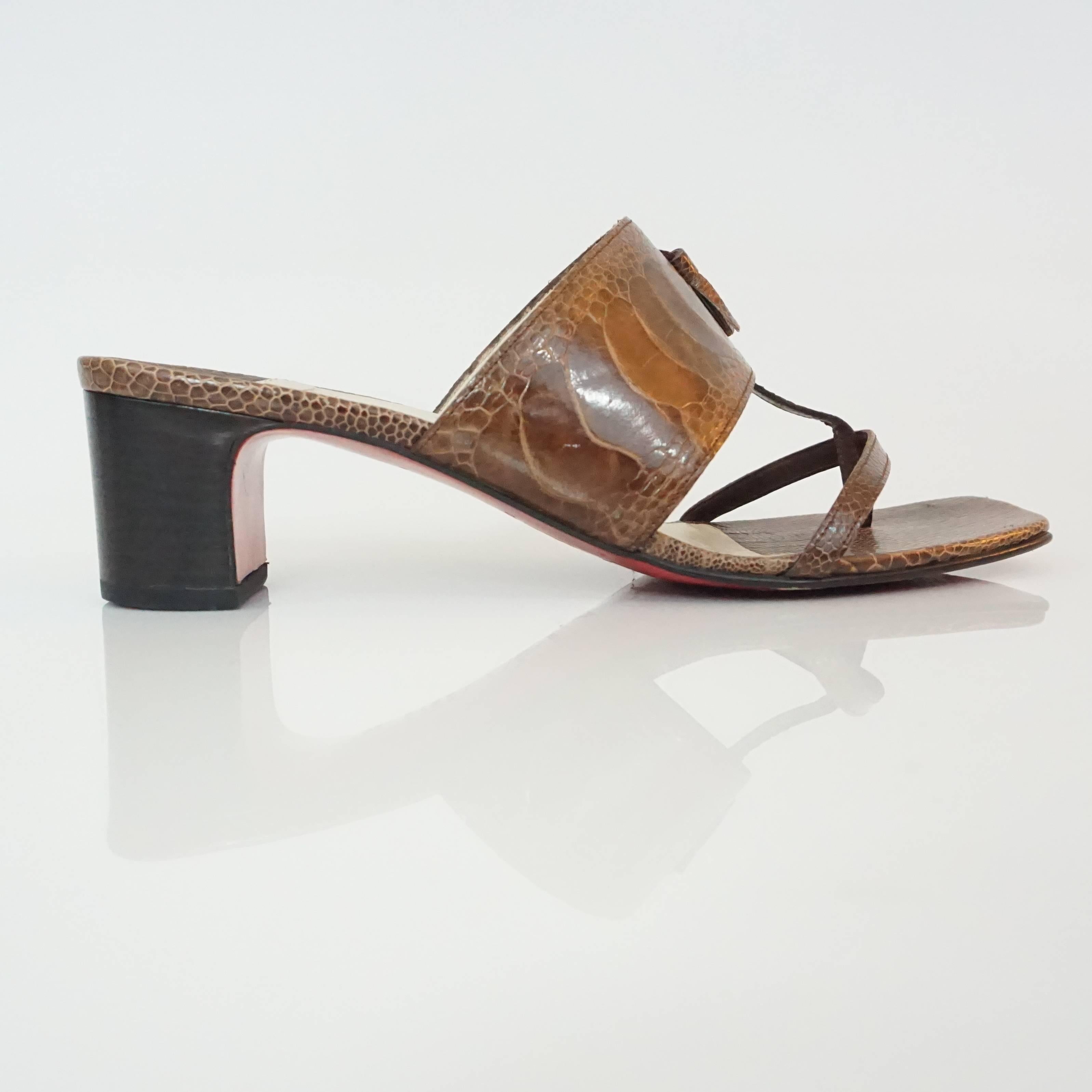 Christian Louboutin Brown Crocodile Thong Sandal w/ Block Heel-37  These fabulous sandals are thong, but have two straps going across, one thin strap and the other thick strap w/ a tassel detail. The heel is a chunky wood block woodstack