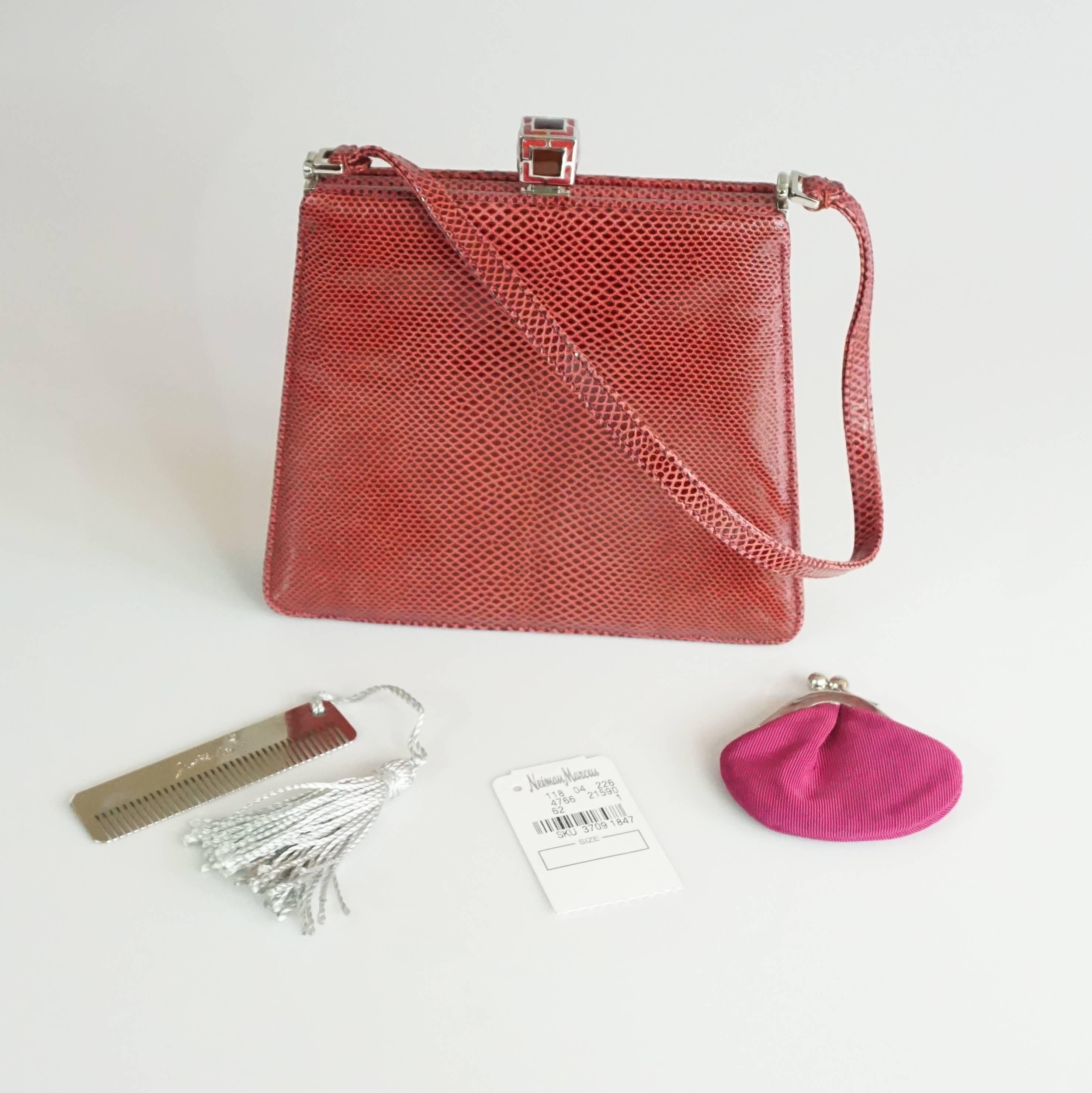 Judith Leiber Deep Red Lizard Top Handle Handbag - SHW For Sale 3