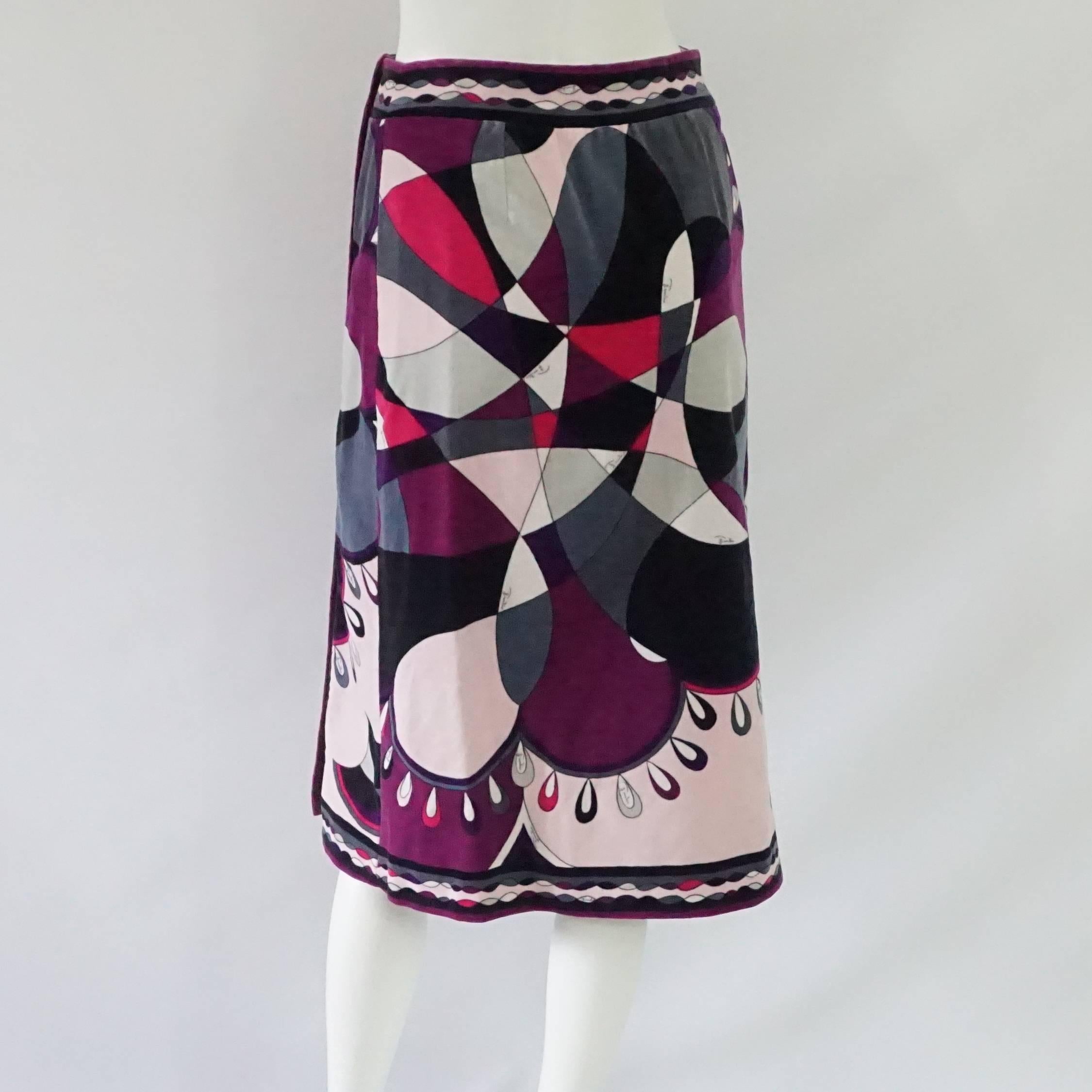 Black Emilio Pucci Eggplant & Multi Velvet Printed Wrap Skirt - 10 - 1960's 