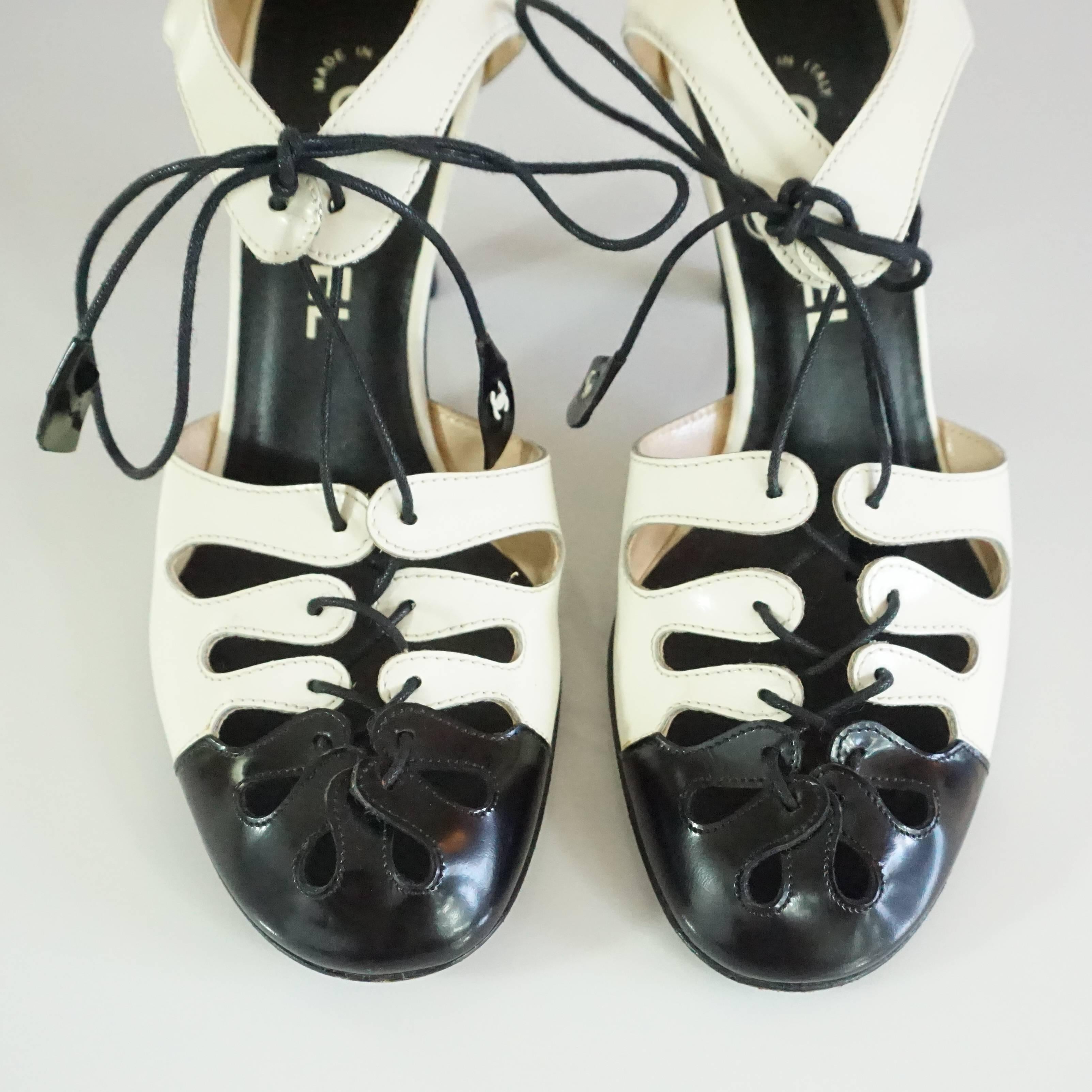 Women's Chanel Ivory & Black Patent Oxford Style Cutout Heels - 36.5