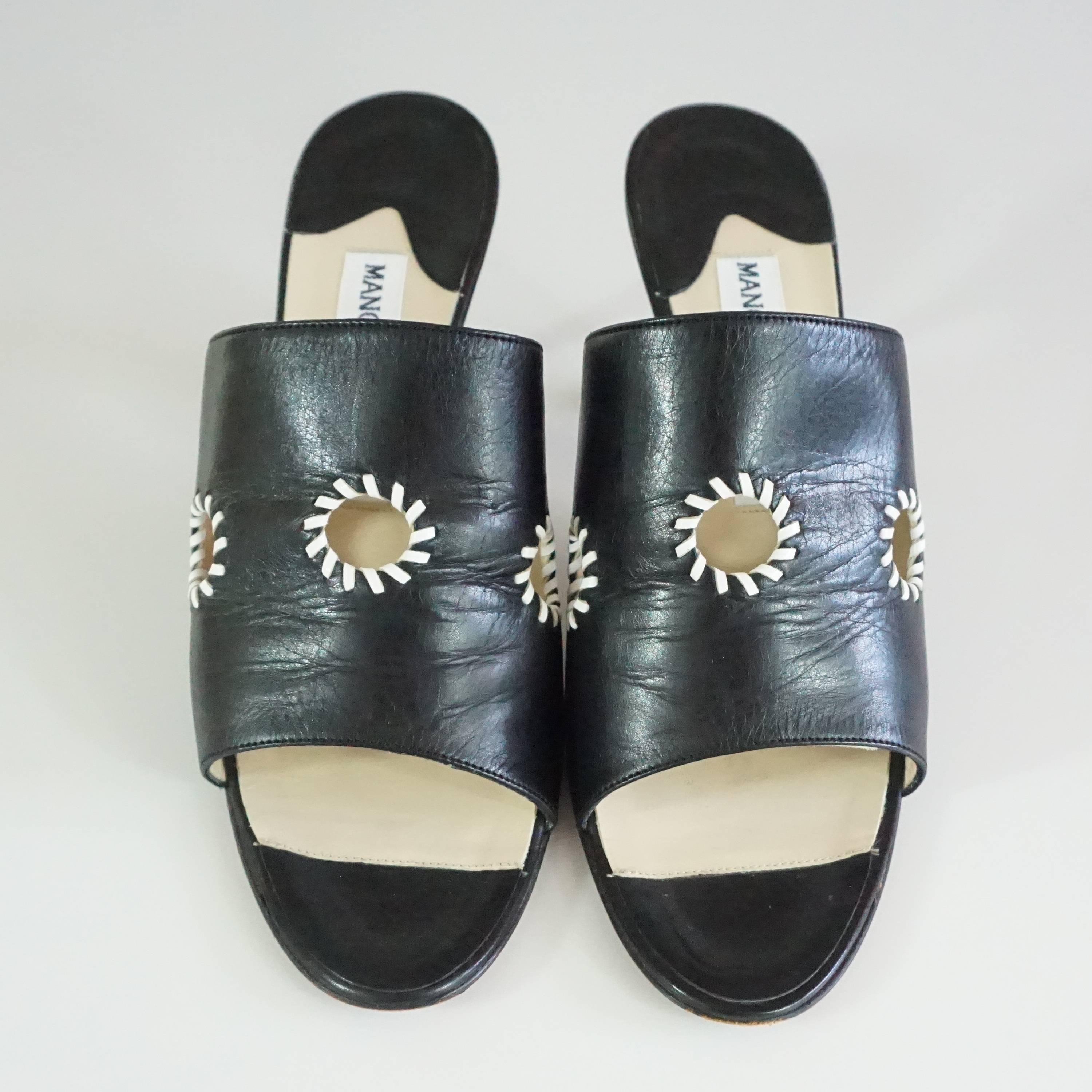 Manolo Blahnik Black Leather Mules with White Stitched Cutouts - 37 2