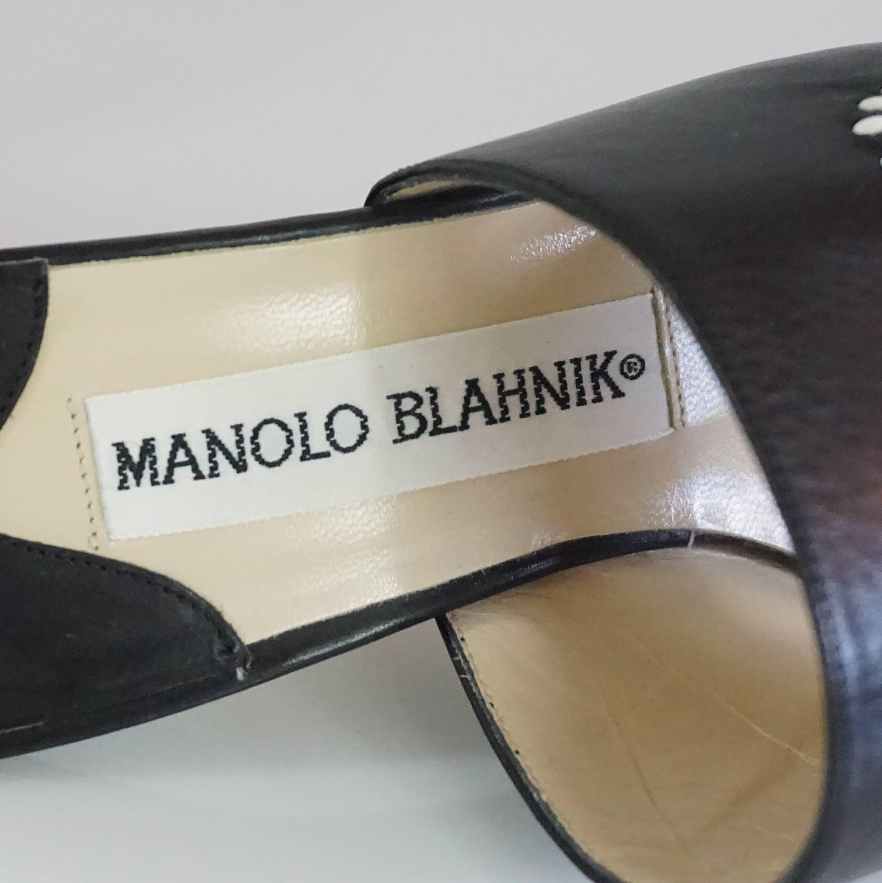 Manolo Blahnik Black Leather Mules with White Stitched Cutouts - 37 3