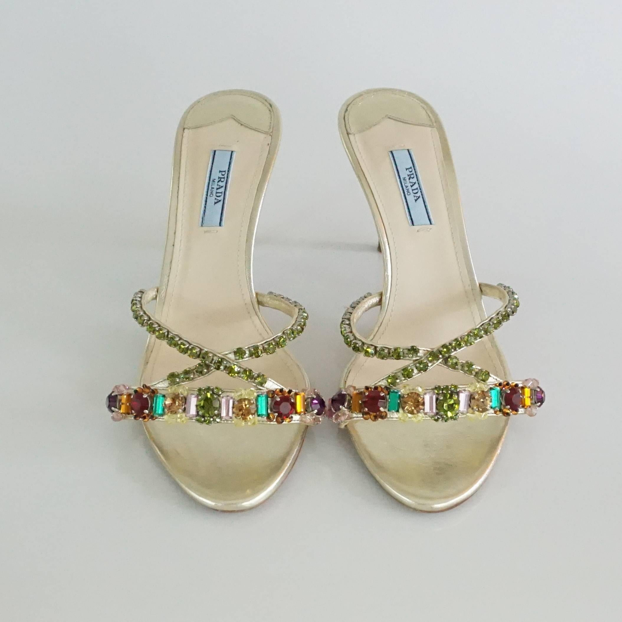 Prada Gold Leather & Multi Jewelled Slides - 39 In Excellent Condition In West Palm Beach, FL