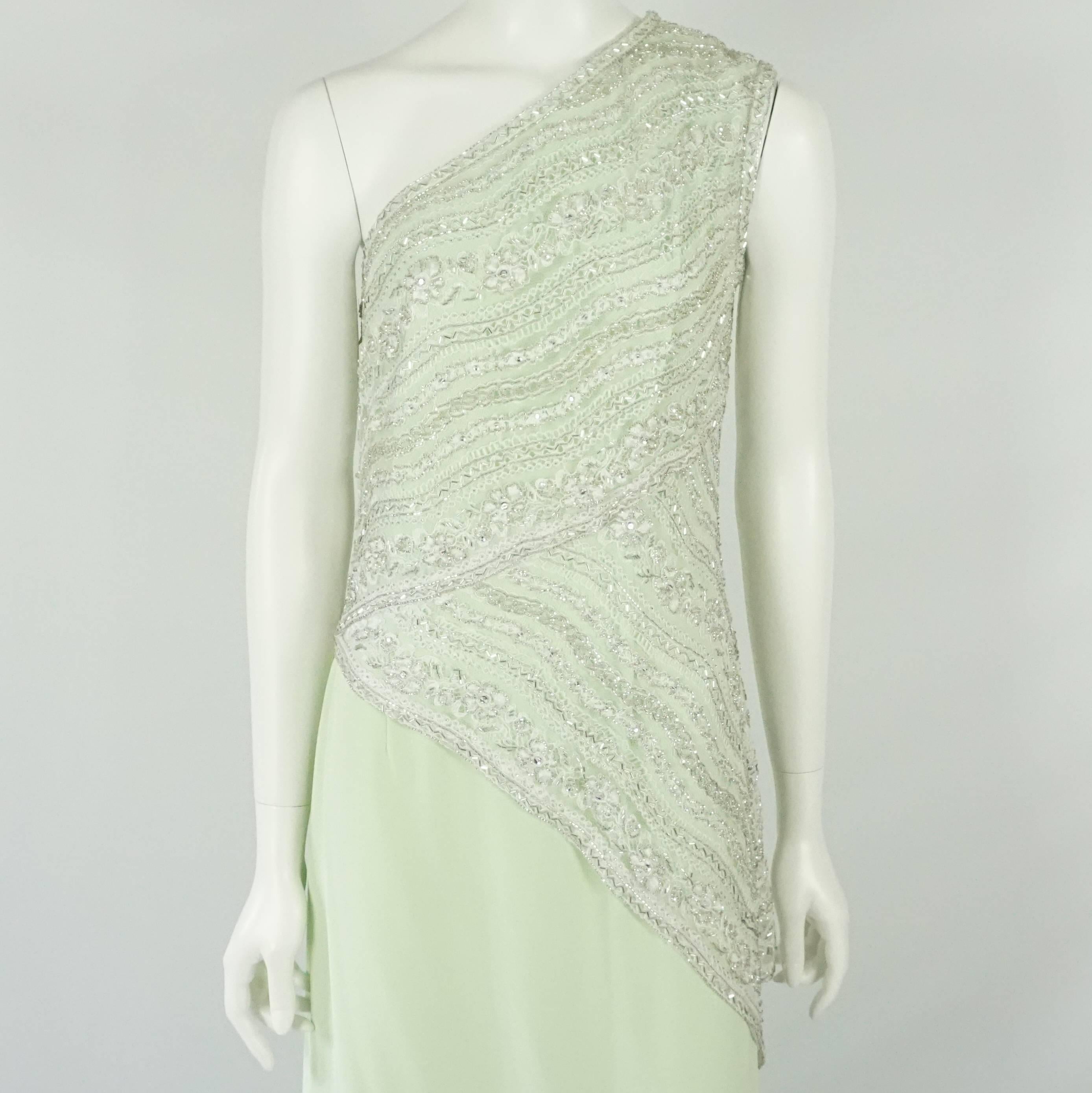 Bob Mackie Mint Silk and Lace Beaded One Shoulder Gown, 1980s In New Condition In West Palm Beach, FL