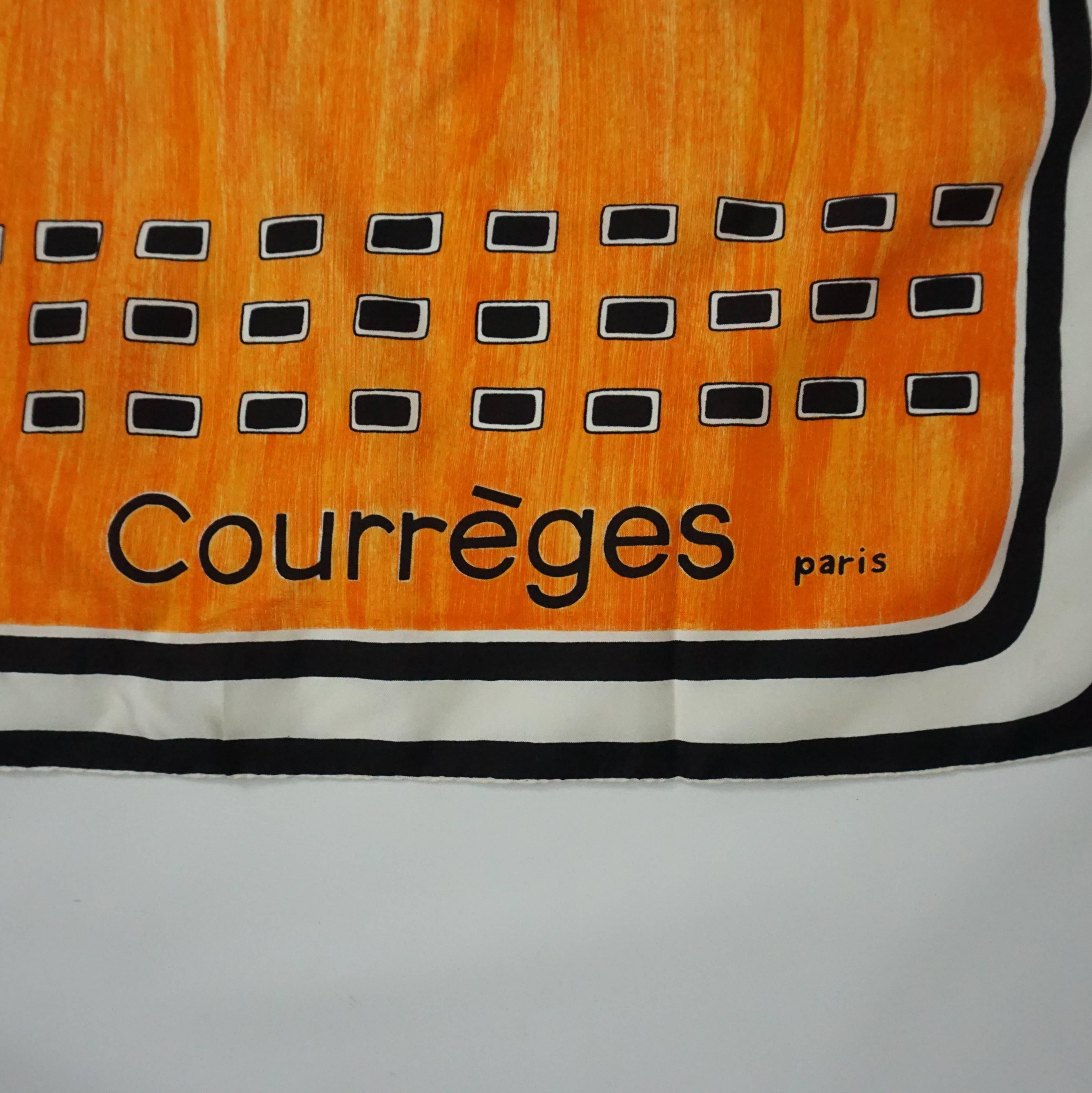 Courreges Orange, Black & White Silk Printed Long Scarf - 1980's In Excellent Condition In West Palm Beach, FL