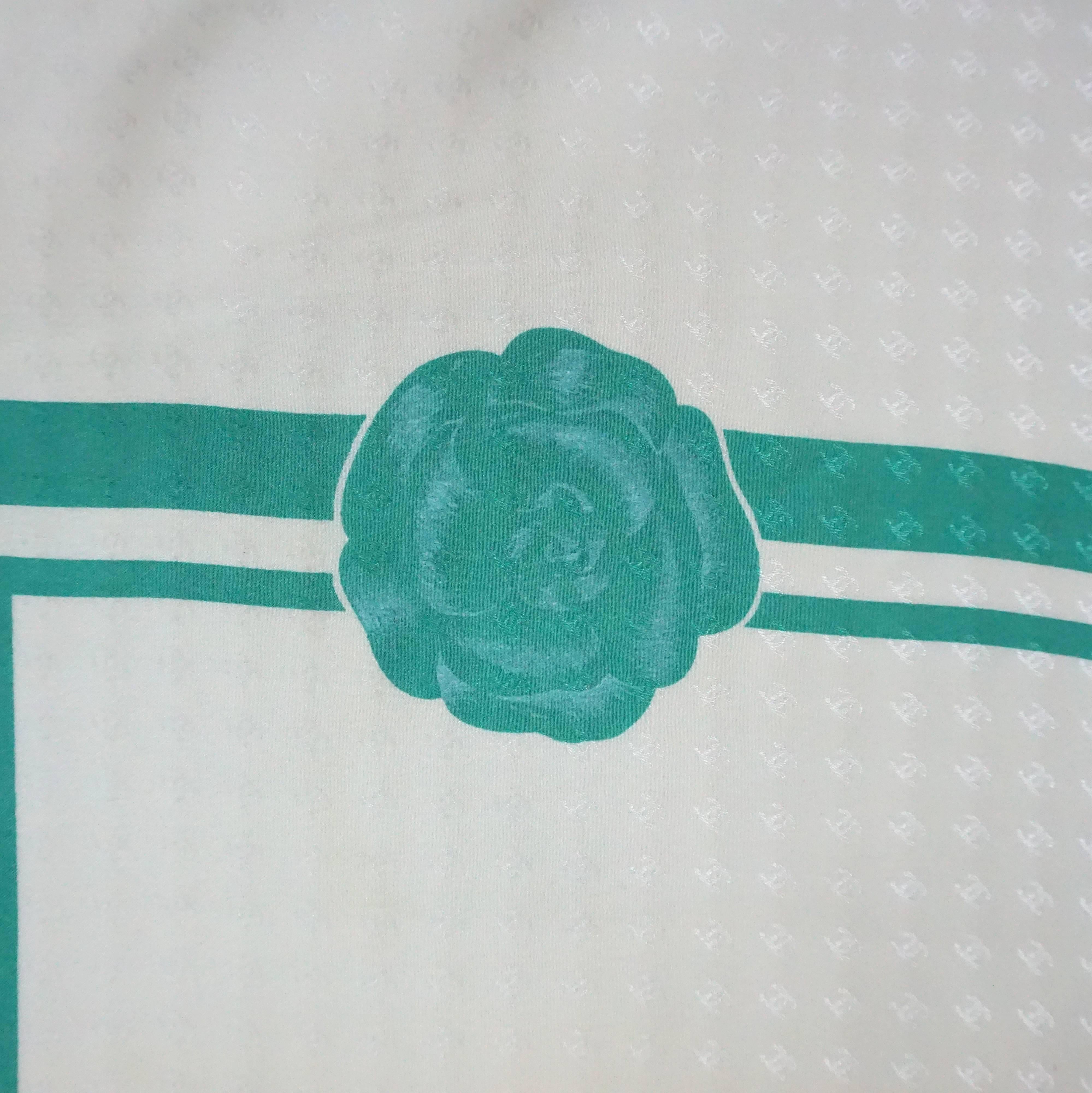 Chanel Ivory & Green Silk Chiffon Motif Scarf - 1990's. This scarf is a beautiful piece. It has a 