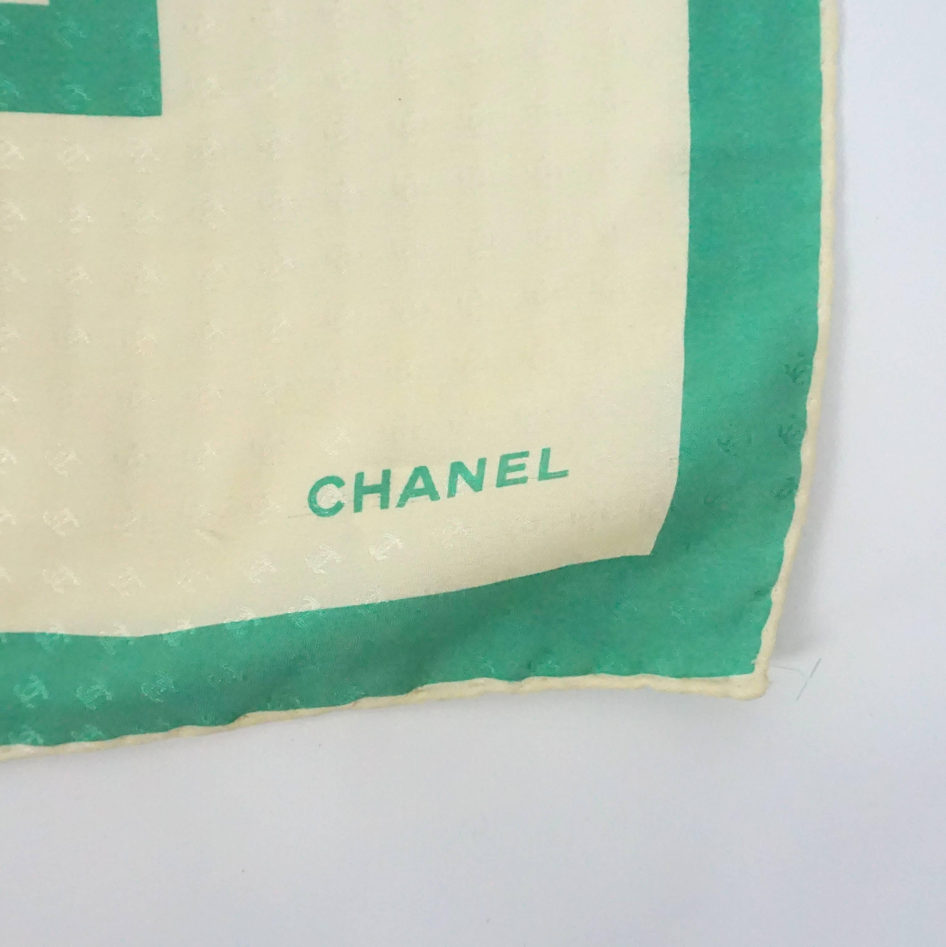 White Chanel Ivory & Green Silk Chiffon Motif Scarf - 1990's 