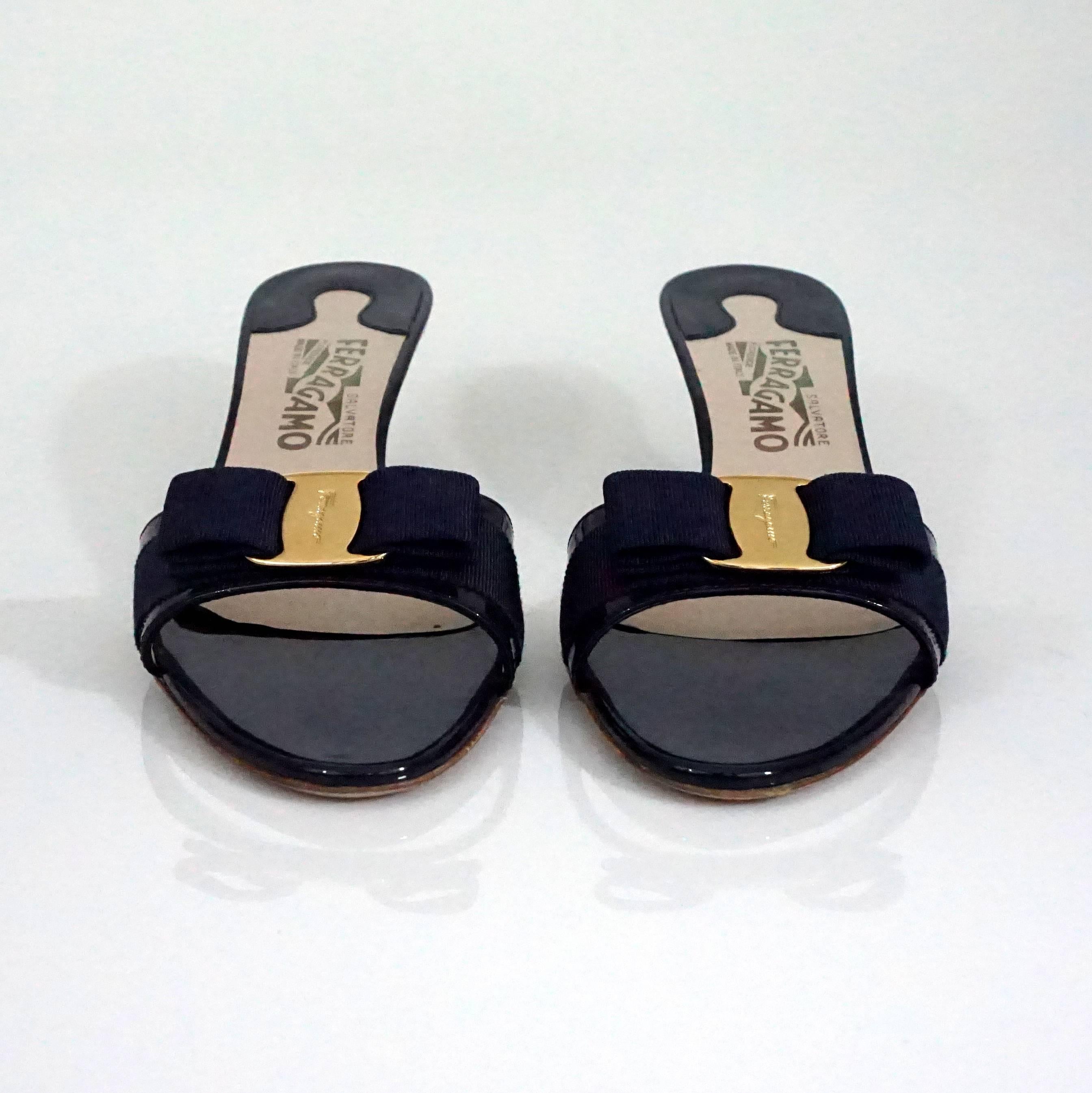 Black Salvatore Ferragamo Navy Patent Slides with Bow and Gold Logo - 9