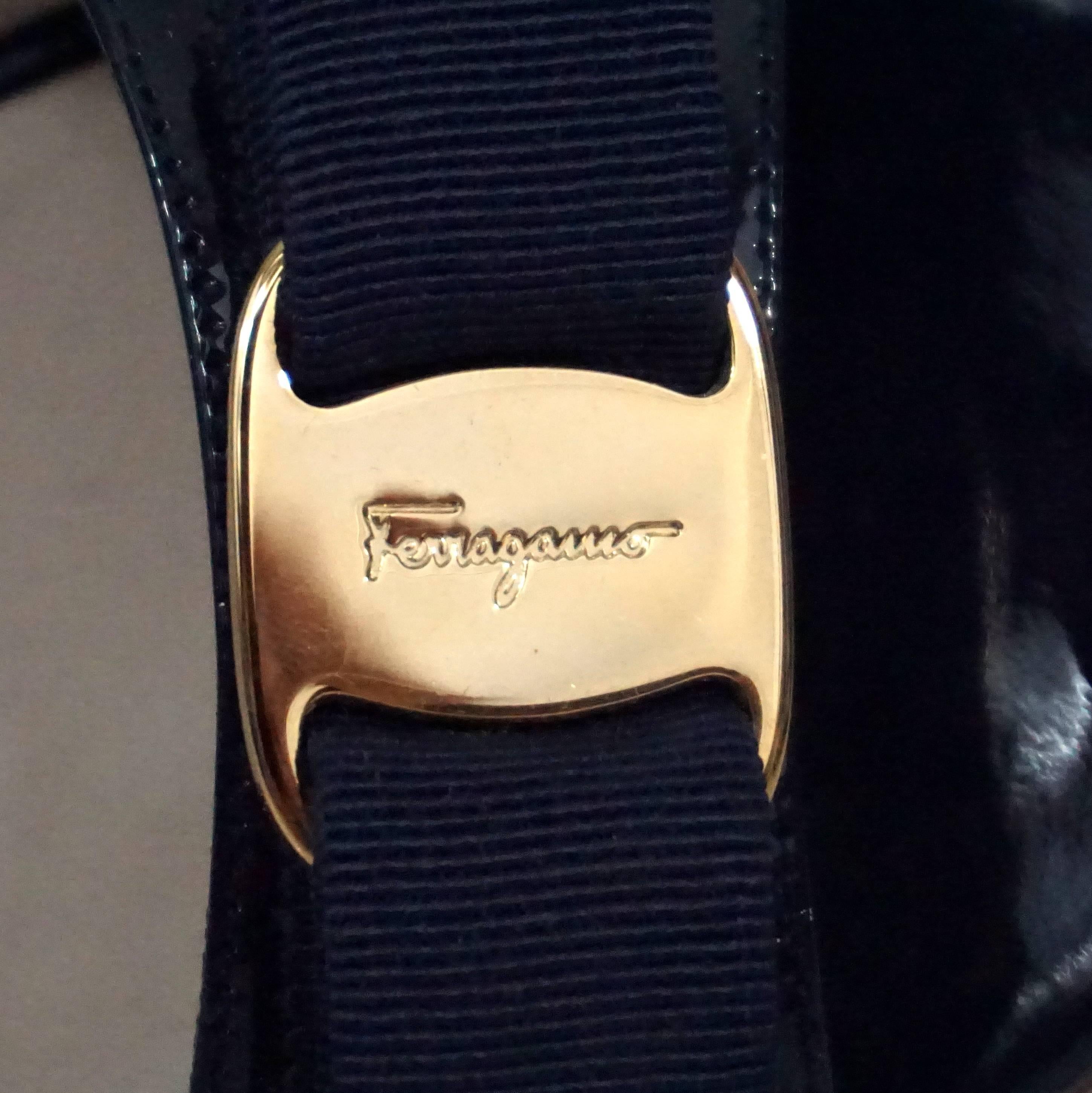 Salvatore Ferragamo Navy Patent Slides with Bow and Gold Logo - 9 2