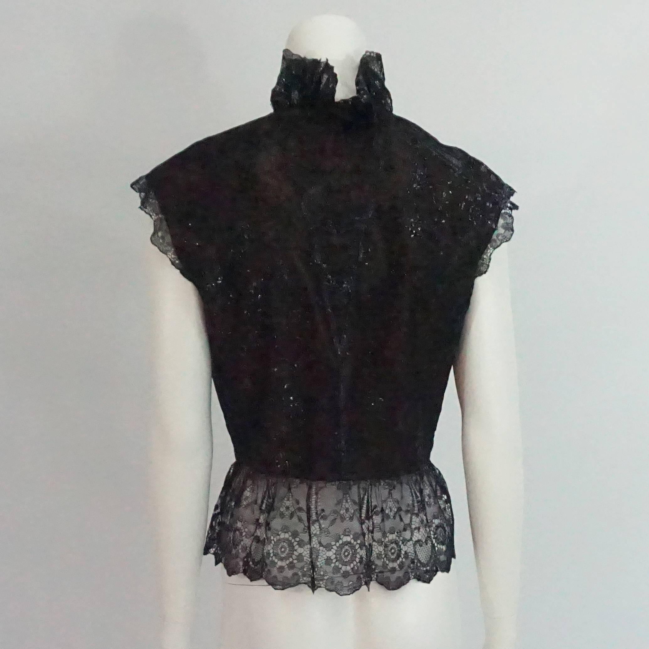 Bob Mackie Black Metallic Lace Ruffle Crop Top - L - 1980's In Excellent Condition In West Palm Beach, FL