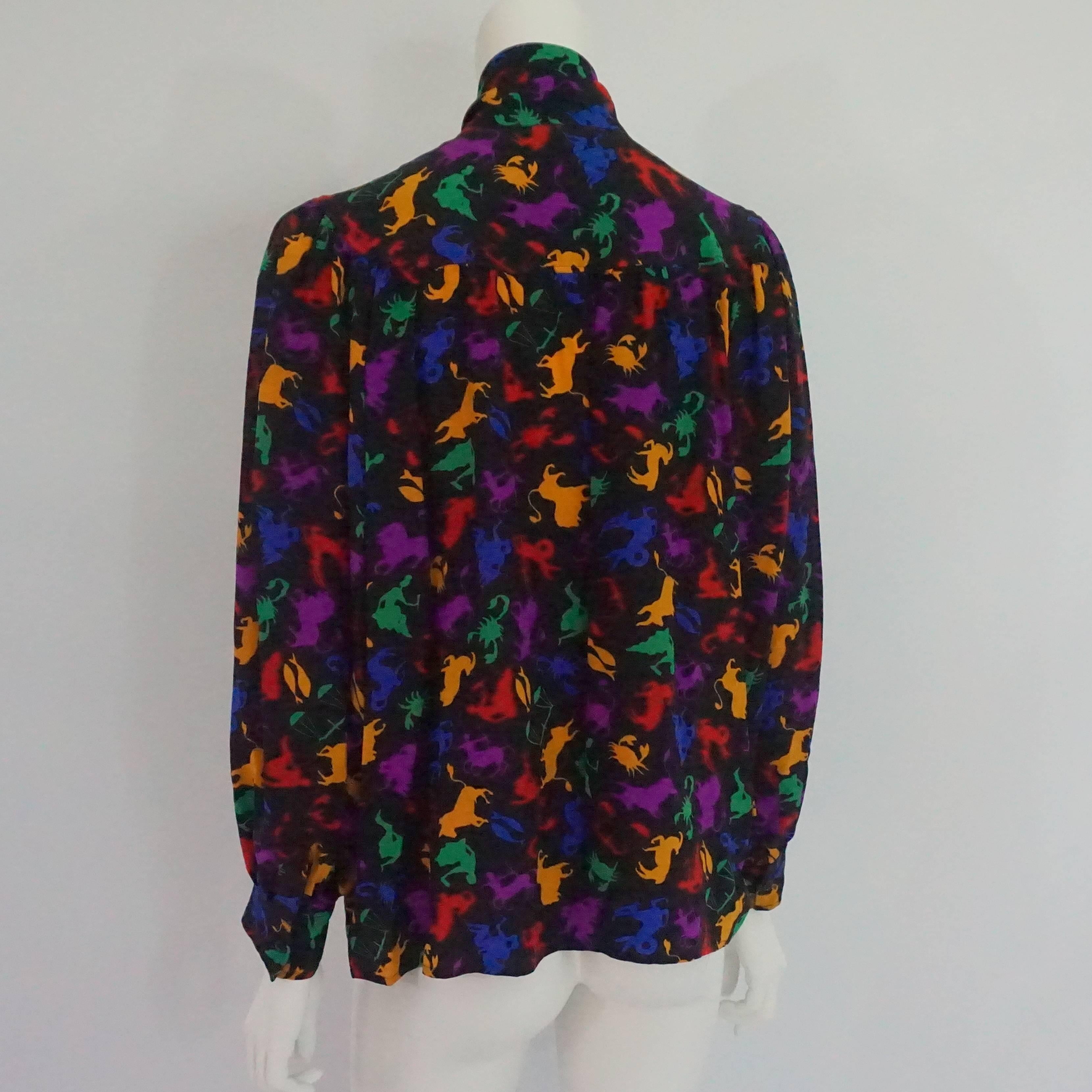 YSL Black & Multi Astrological Print Silk Peasant Style Blouse - 40 - 1960's  In Excellent Condition In West Palm Beach, FL