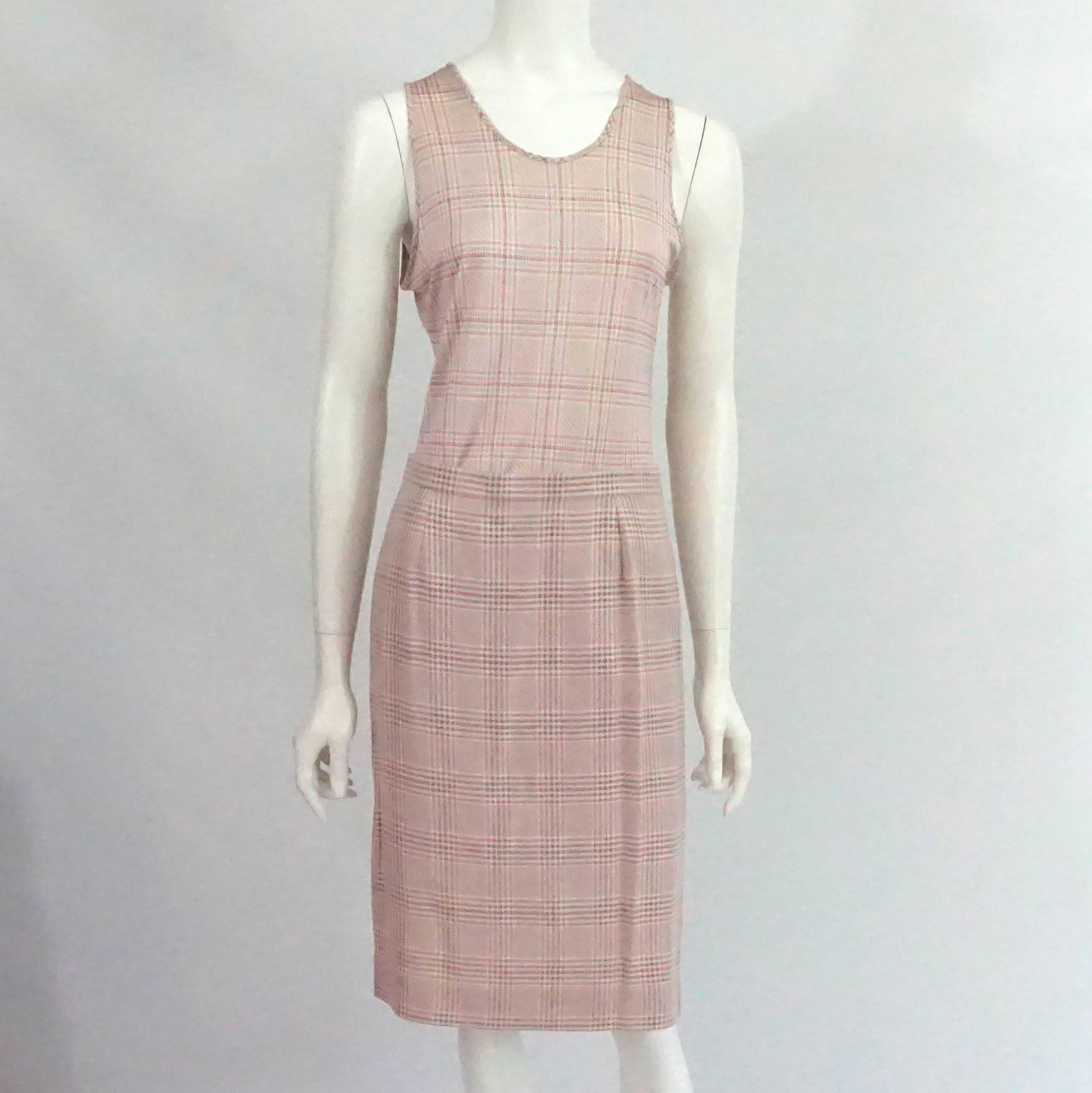 Givenchy Couture Pink Houndstooth Skirt Suit &Top with Snake Detail - 40 - 1990's. This  ensemble is classic with a touch of fashion forward fun. The outfit comes with a silk-wool blend jacket and skirt with a silk jersey sleeveless top.It features