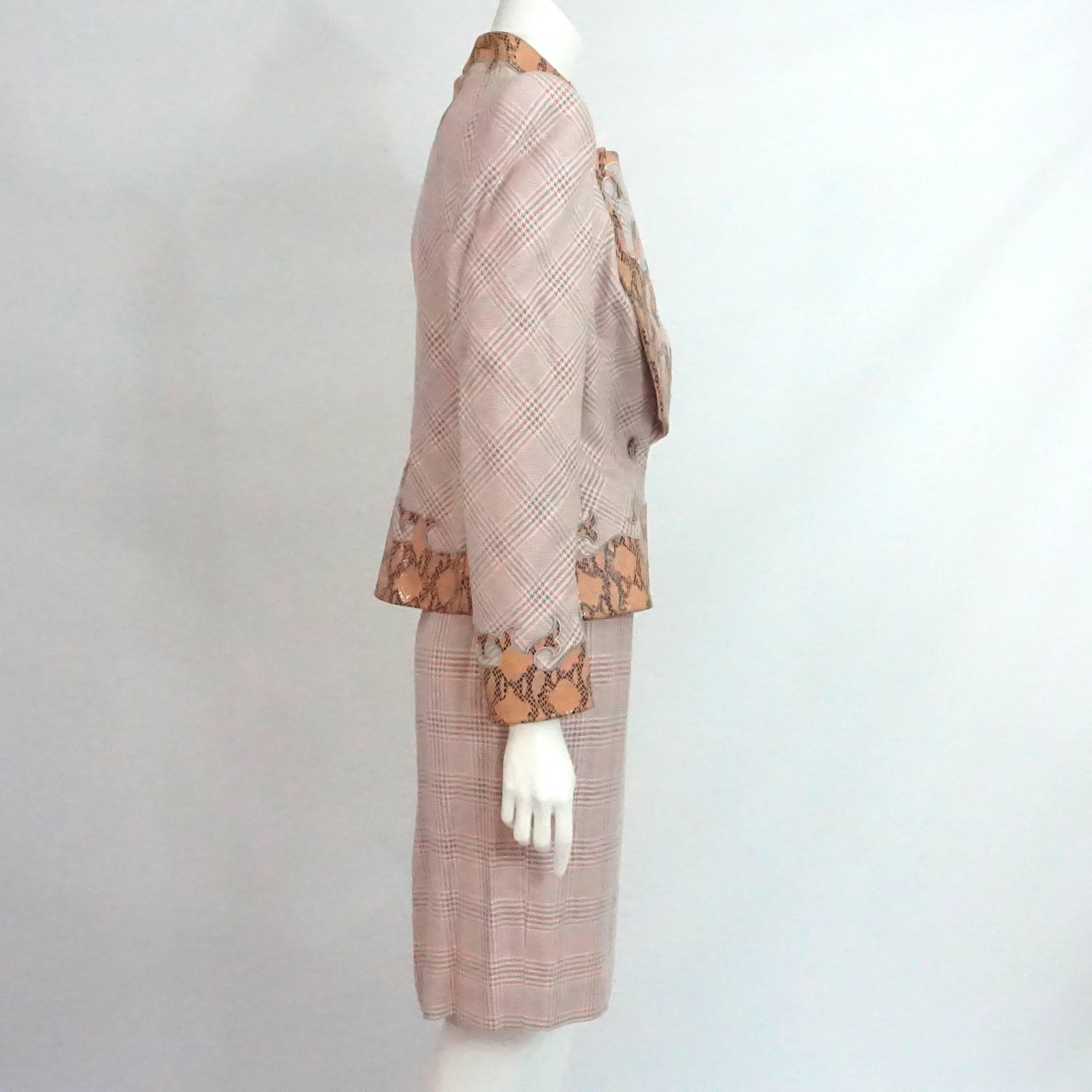 Brown Givenchy Couture Pink Houndstooth Skirt Suit and Top with Snake Detail, 1990s