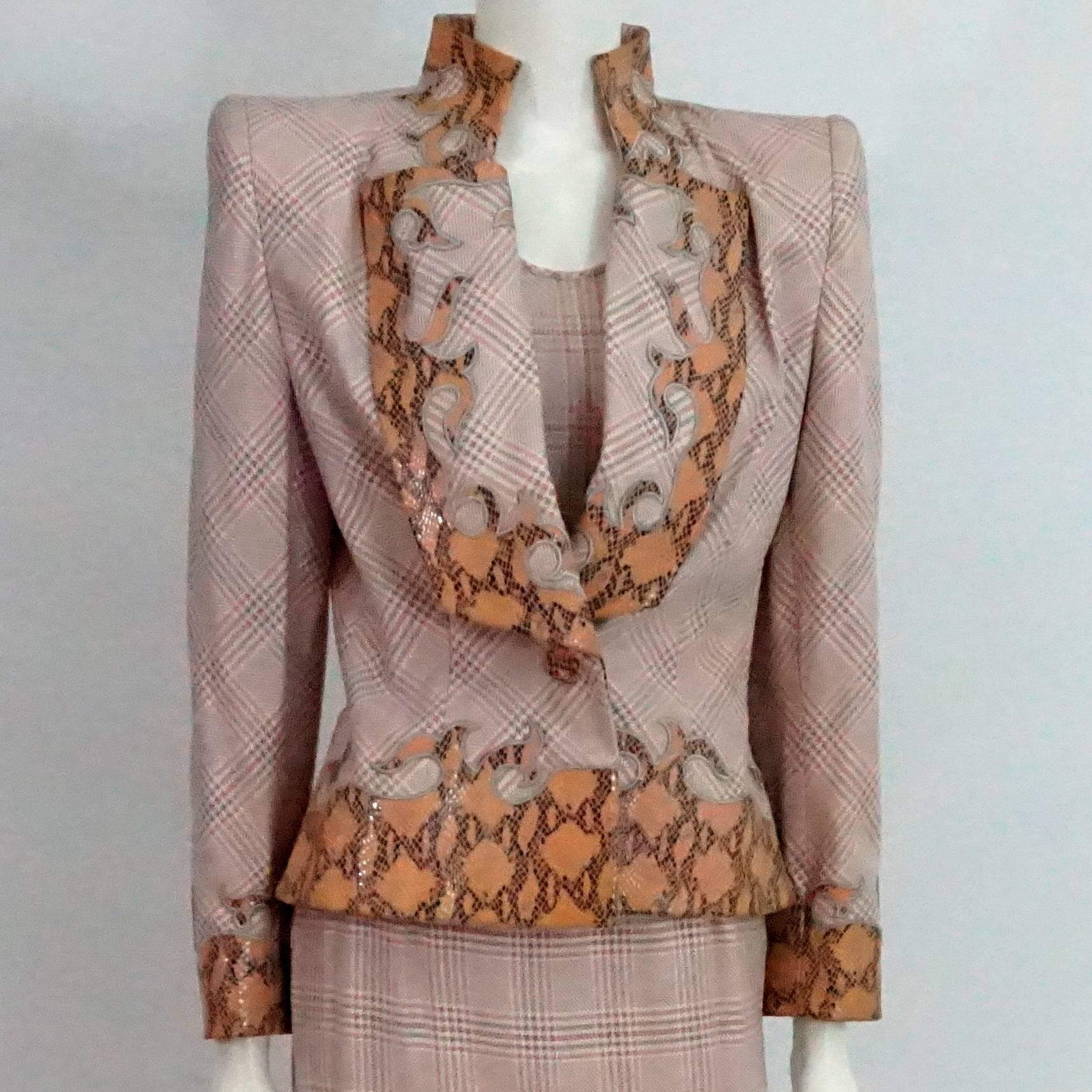 Women's Givenchy Couture Pink Houndstooth Skirt Suit and Top with Snake Detail, 1990s