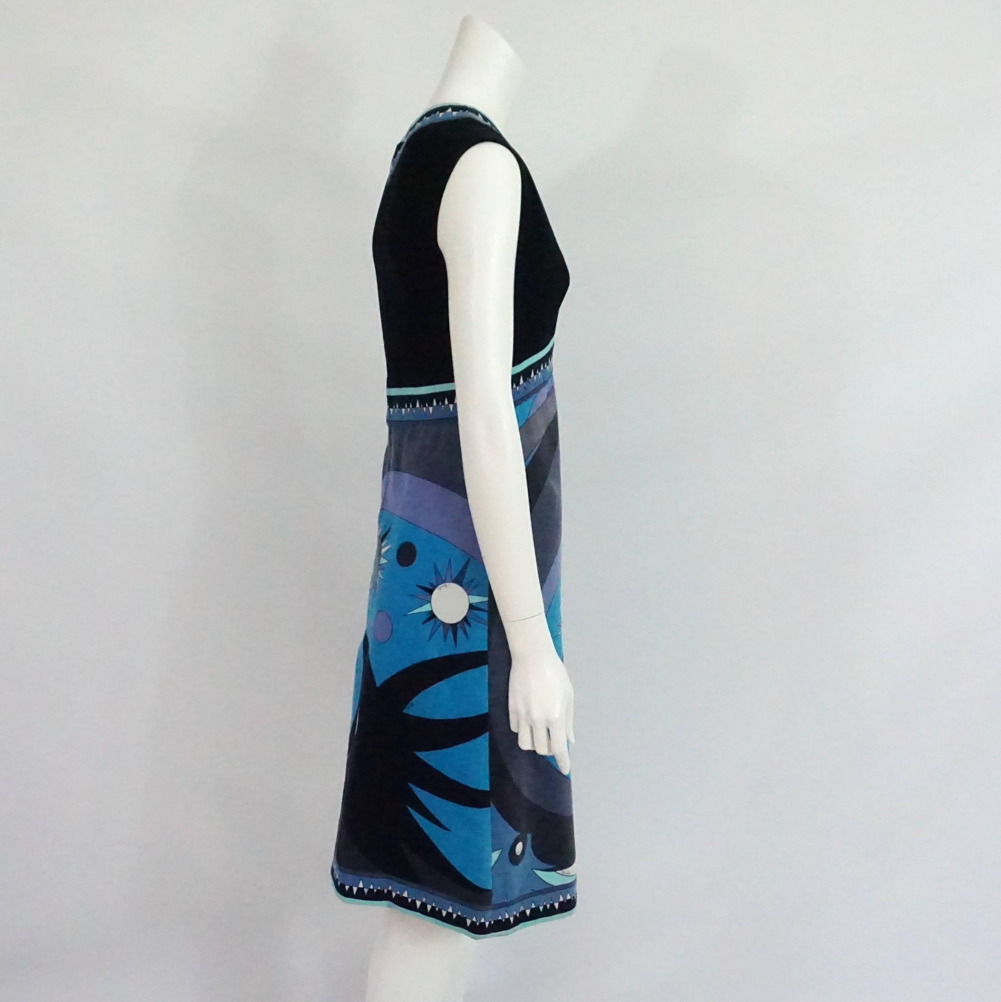 Emilio Pucci Navy & Blue Velvet Sleeveless Printed Dress - 10 - 1960's. This fabulous dress is an amazing vintage find. It features a v-neck, back zipper, navy solid bust, and an abstract large print on bottom. The dress is in excellent vintage
