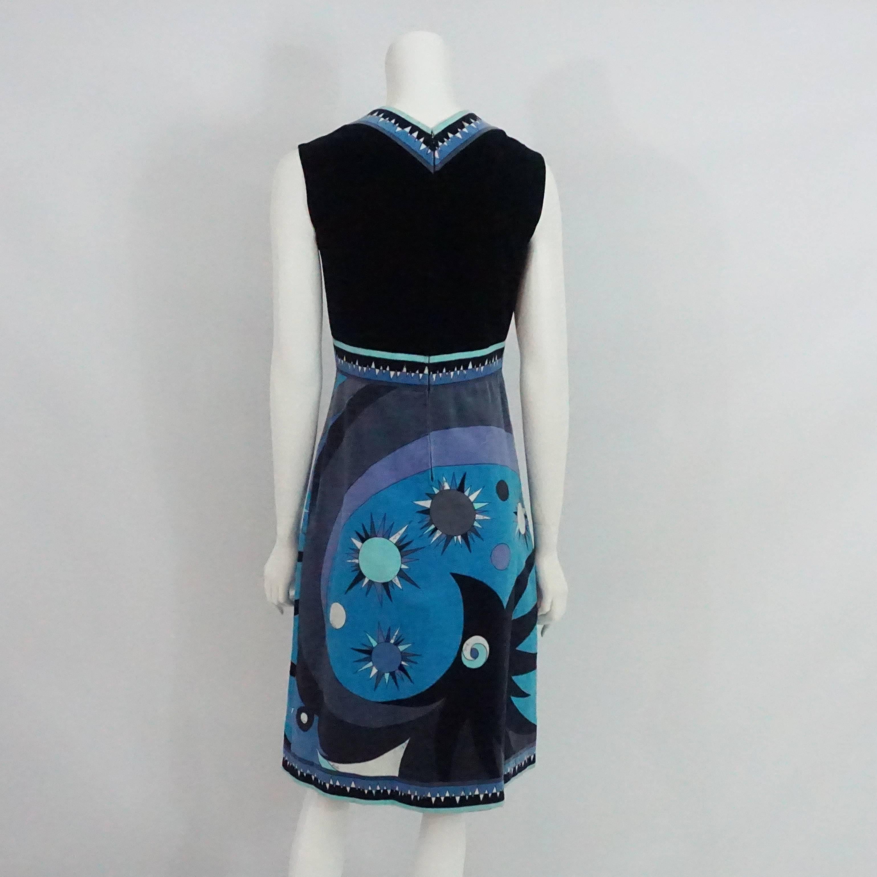 Black Emilio Pucci Navy & Blue Velvet Sleeveless Printed Dress - 10 - 1960's