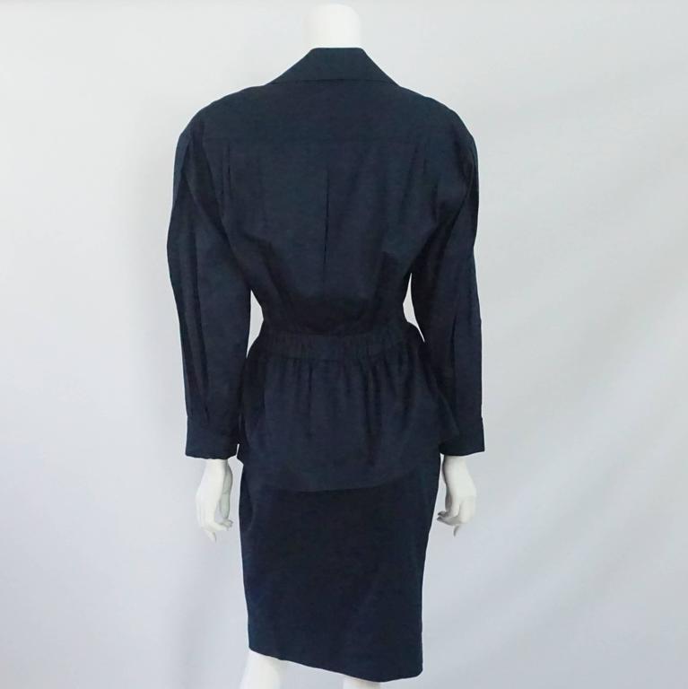 Black Chanel Navy Cotton Skirt Suit with Cinched Waist - 38 - 1980's  For Sale