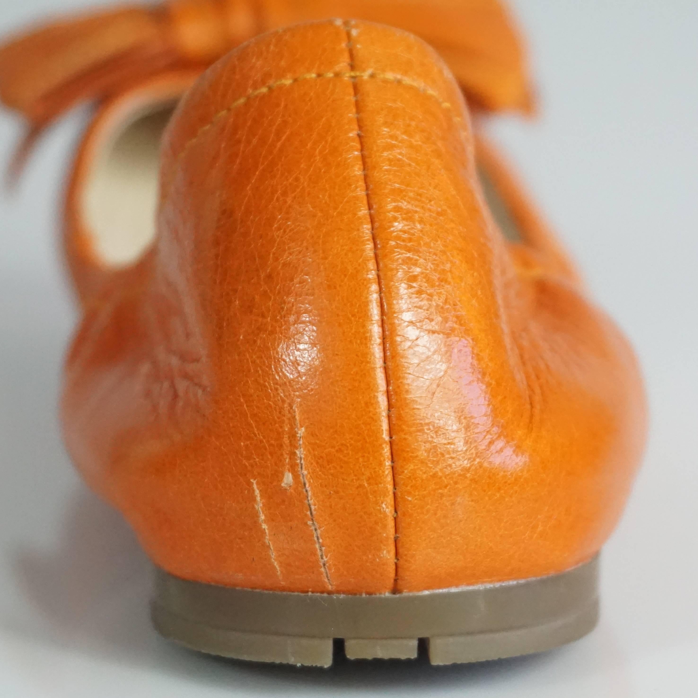 Prada Orange Leather Ballet Flats with Bows - 35 1