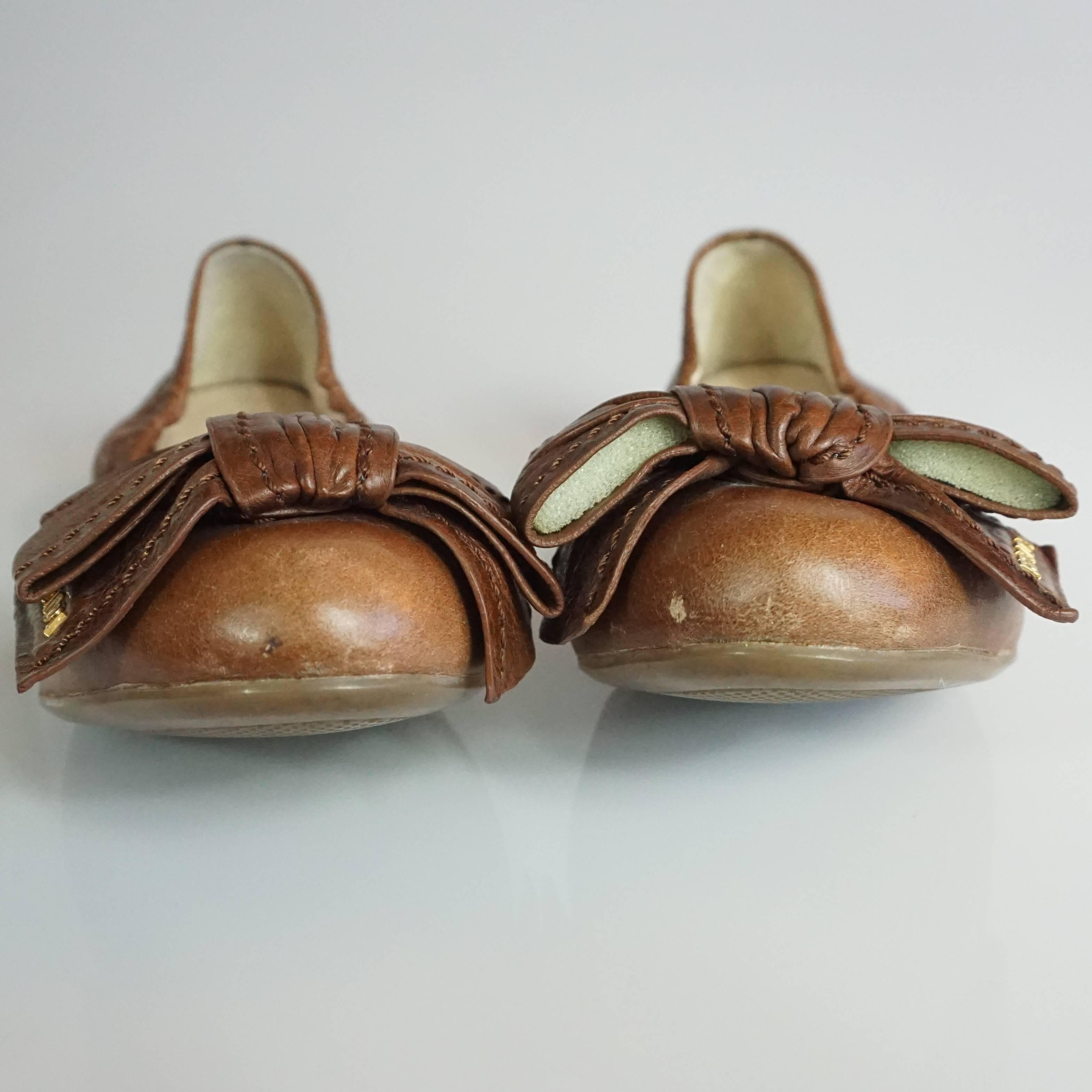 Women's Prada Brown Leather Scrunch Ballet Flats with Bow - 35