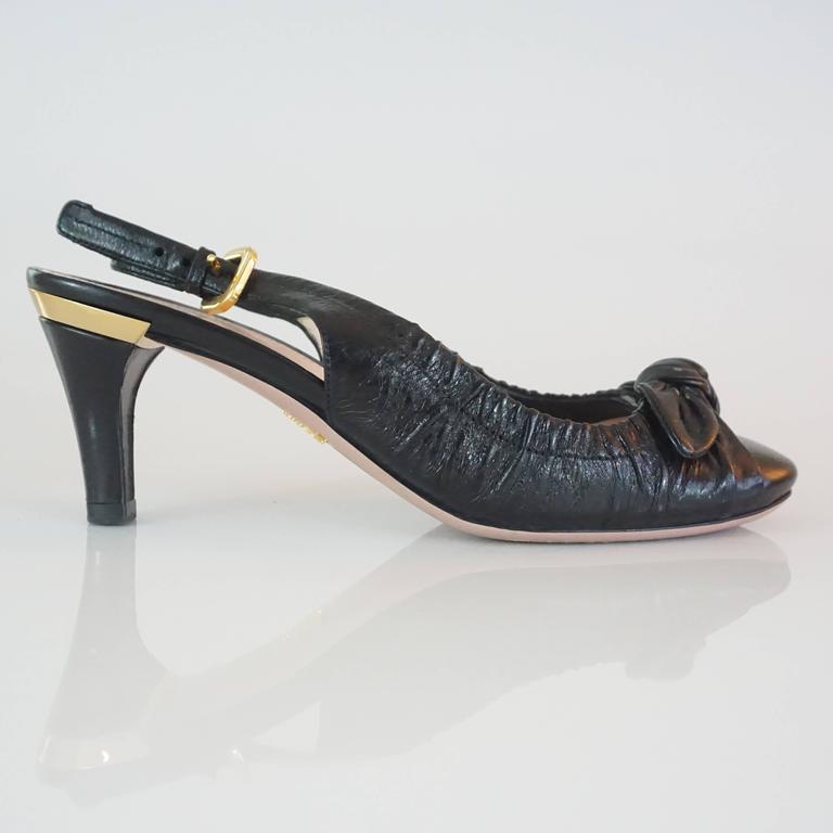 Prada Black Leather Ruched Slingback Heels - 36.5 For Sale at 1stDibs