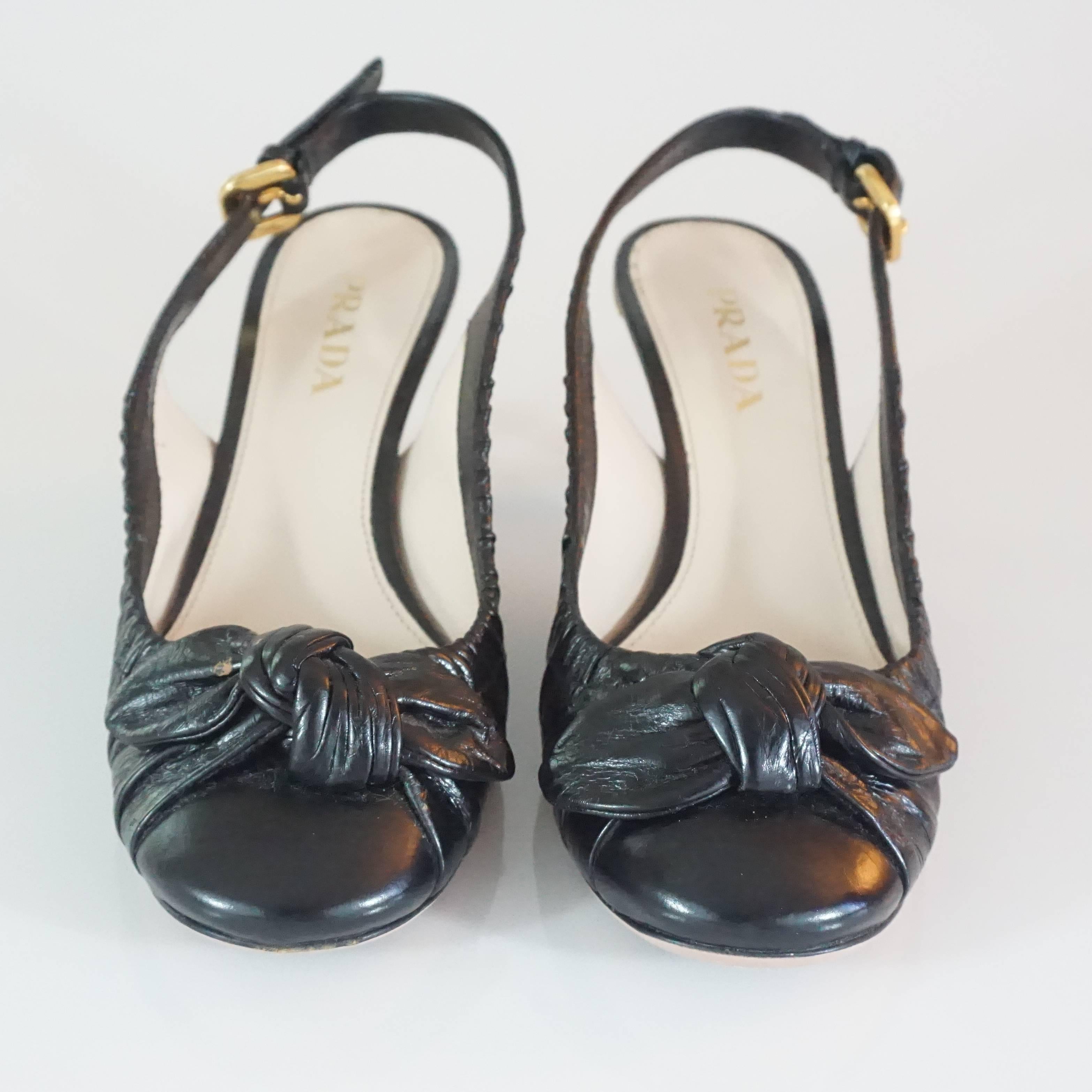Prada Black Leather Ruched Slingback Heels - 36.5 In Good Condition In West Palm Beach, FL