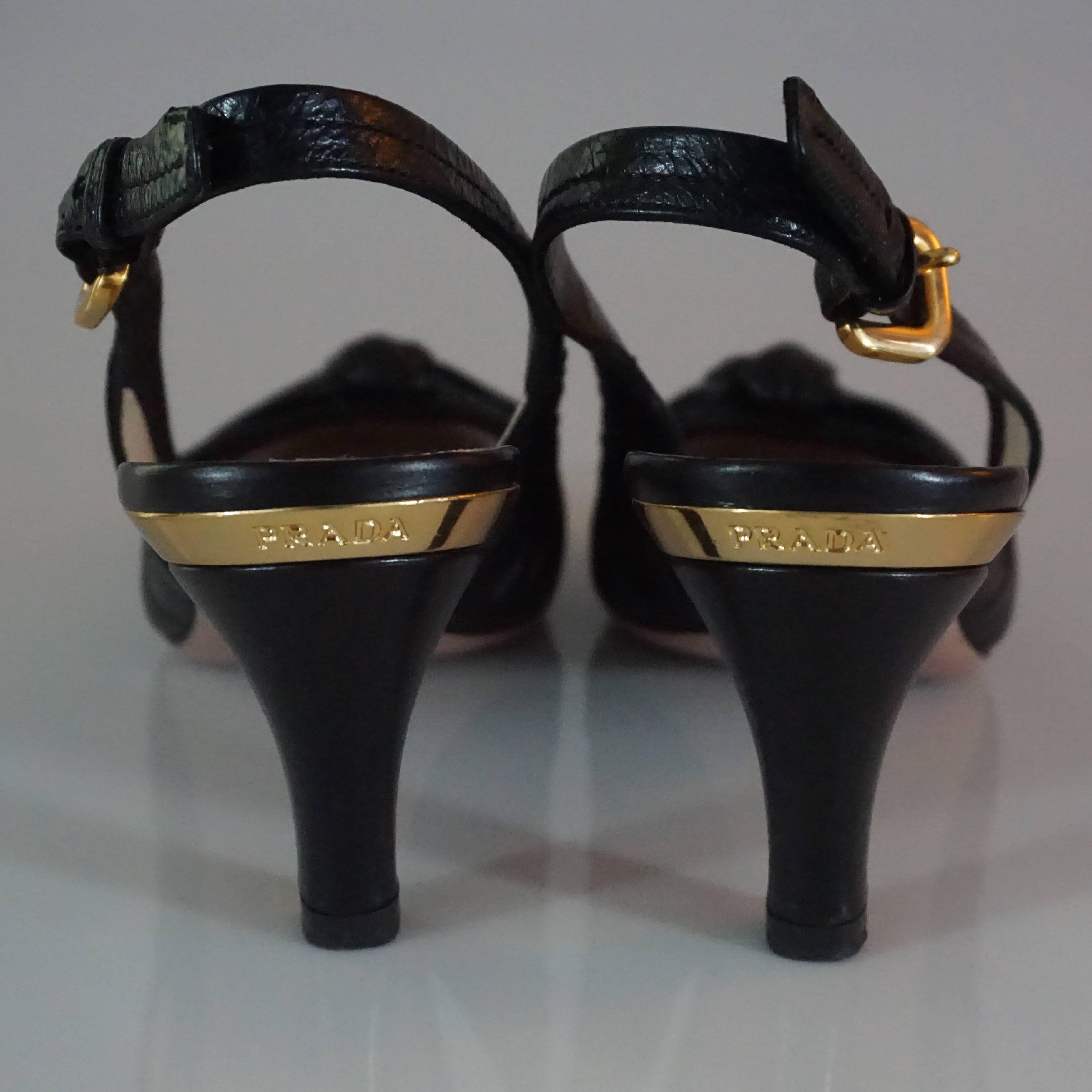 Women's Prada Black Leather Ruched Slingback Heels - 36.5