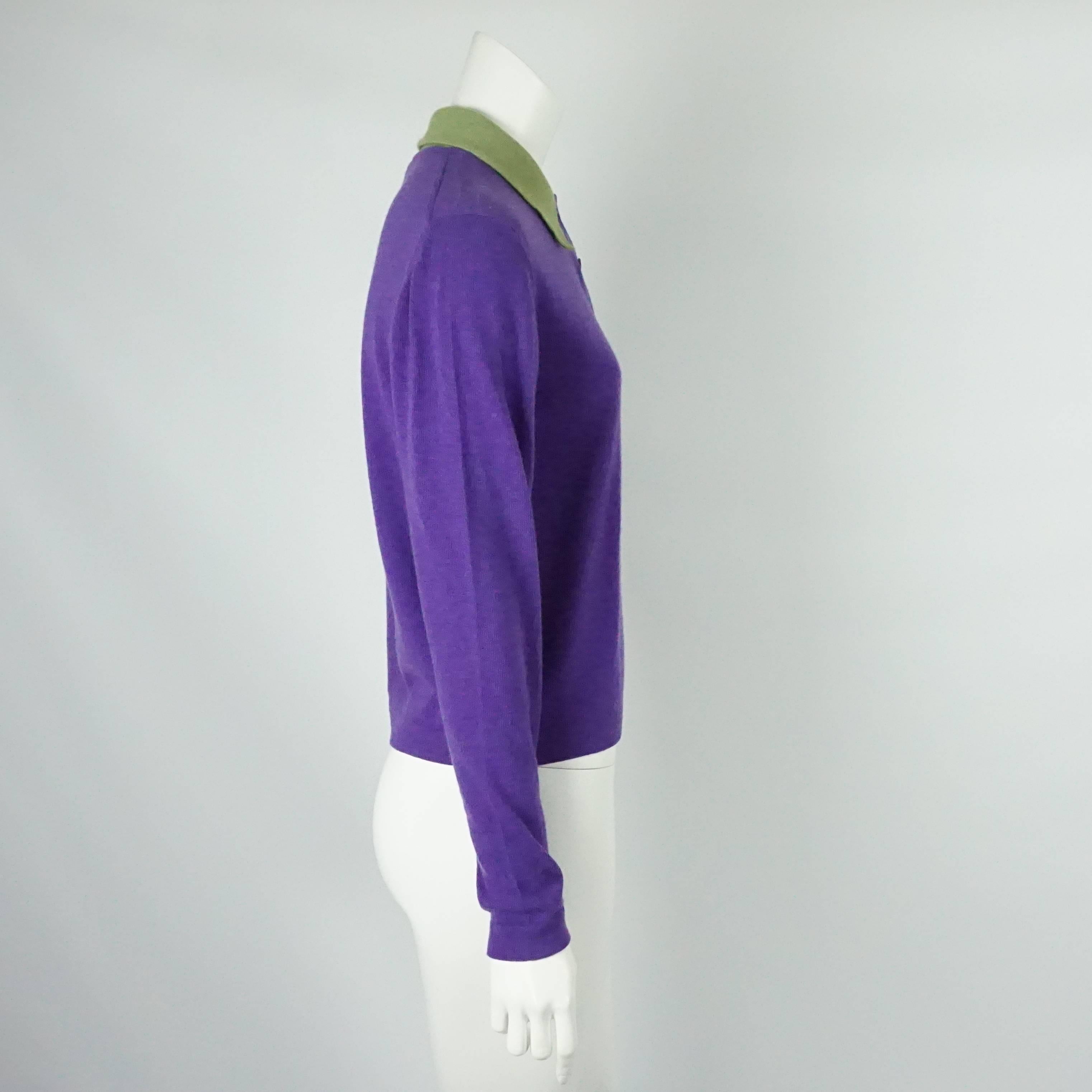 Hermes Vintage Purple Cashmere Sweater with Green Collar - L - 1970's. This sweater is in amazing vintage condition with light wear consistent with age. It brings the 70's back and is perfect for chilly weather. 