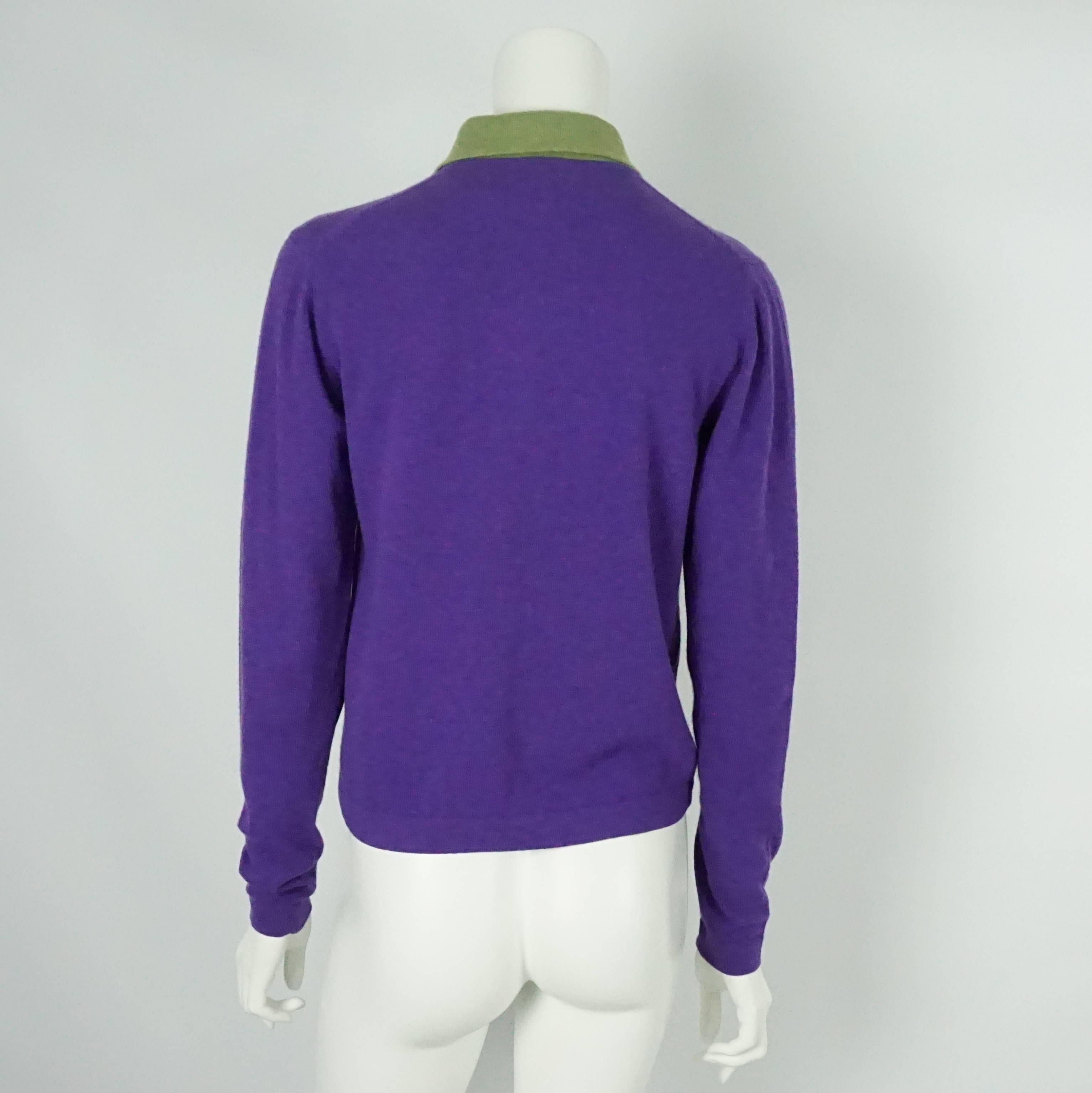 Hermes Vintage Purple Cashmere Sweater with Green Collar - L - 1970's In Excellent Condition In West Palm Beach, FL