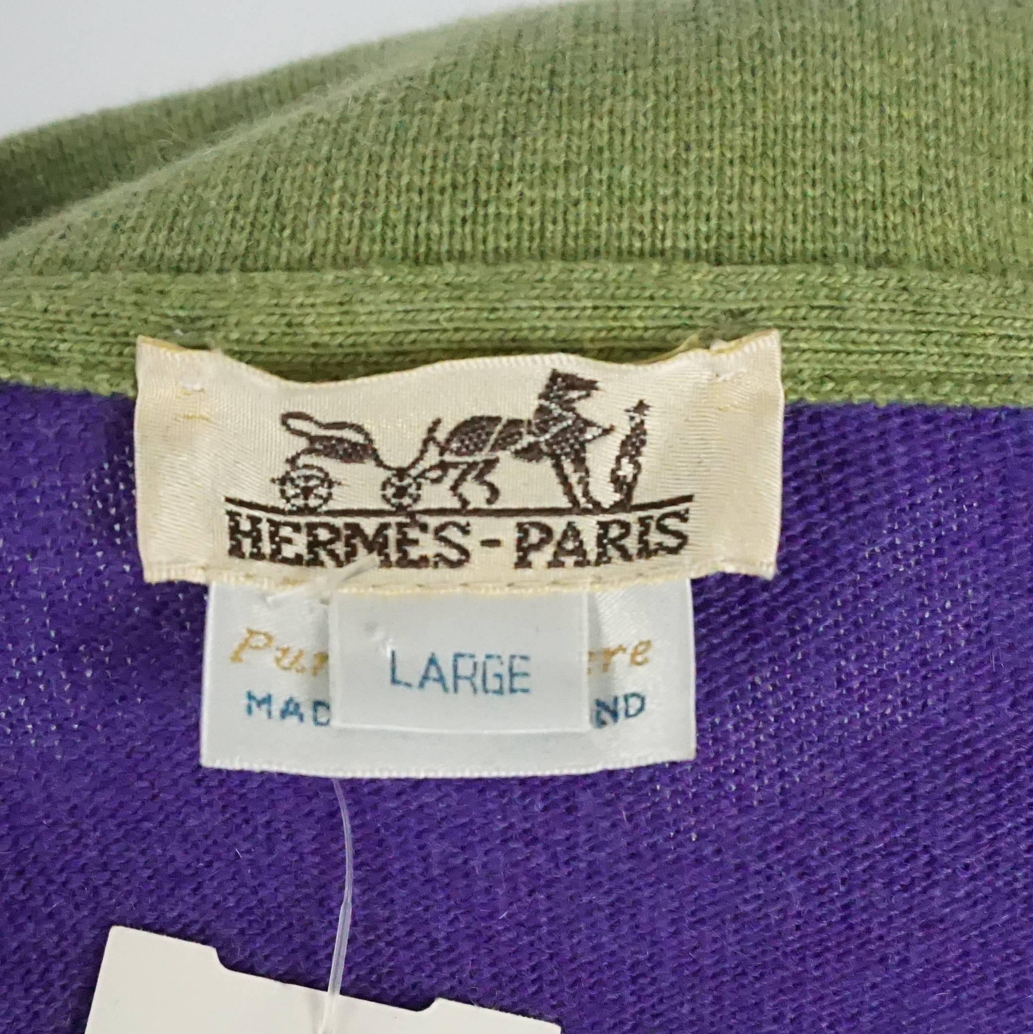 Hermes Vintage Purple Cashmere Sweater with Green Collar - L - 1970's 1