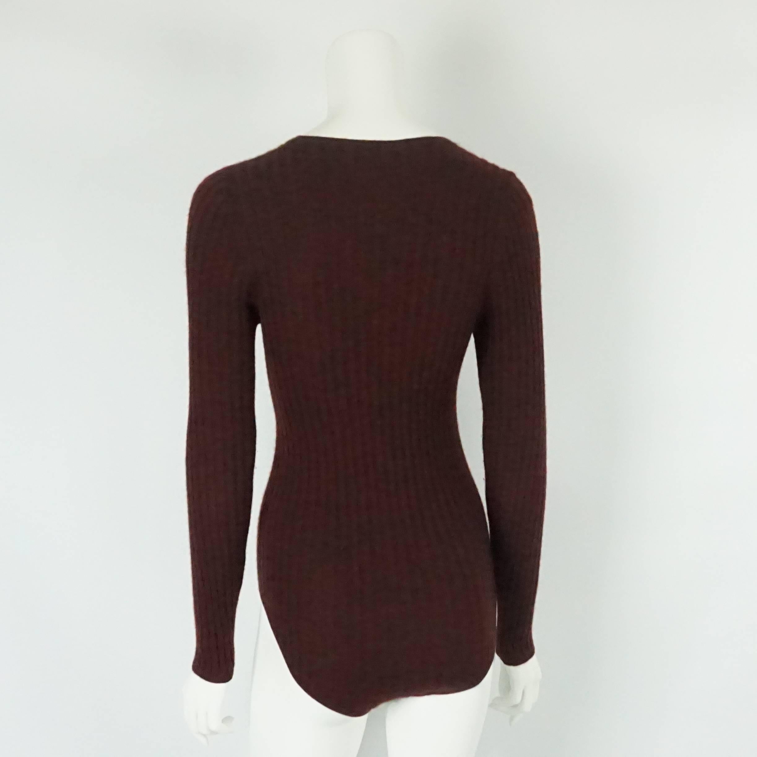 Black Chanel Burgundy Cashmere/Silk Blend Ribbed L/S bodysuit - 44 - Circa 97A