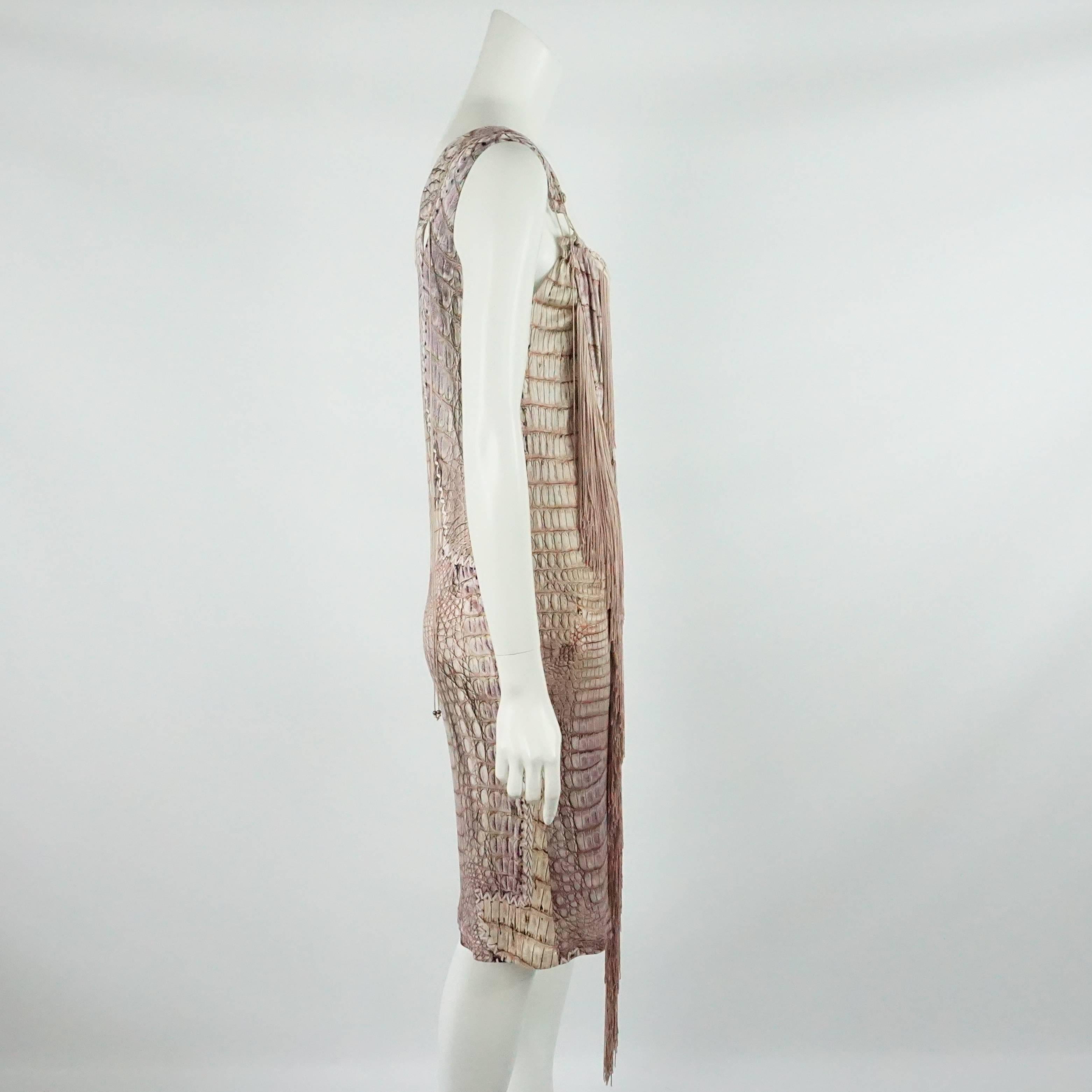 Roberto Cavalli Mauve Animal Print Sleeveless Silk Jersey Dress w/ fringe-44-NWT  This sleeveless silk jersey dress has an extra layer that drapes across the front w/ fringing all long the edge/front of the dress, and a double strap on the right