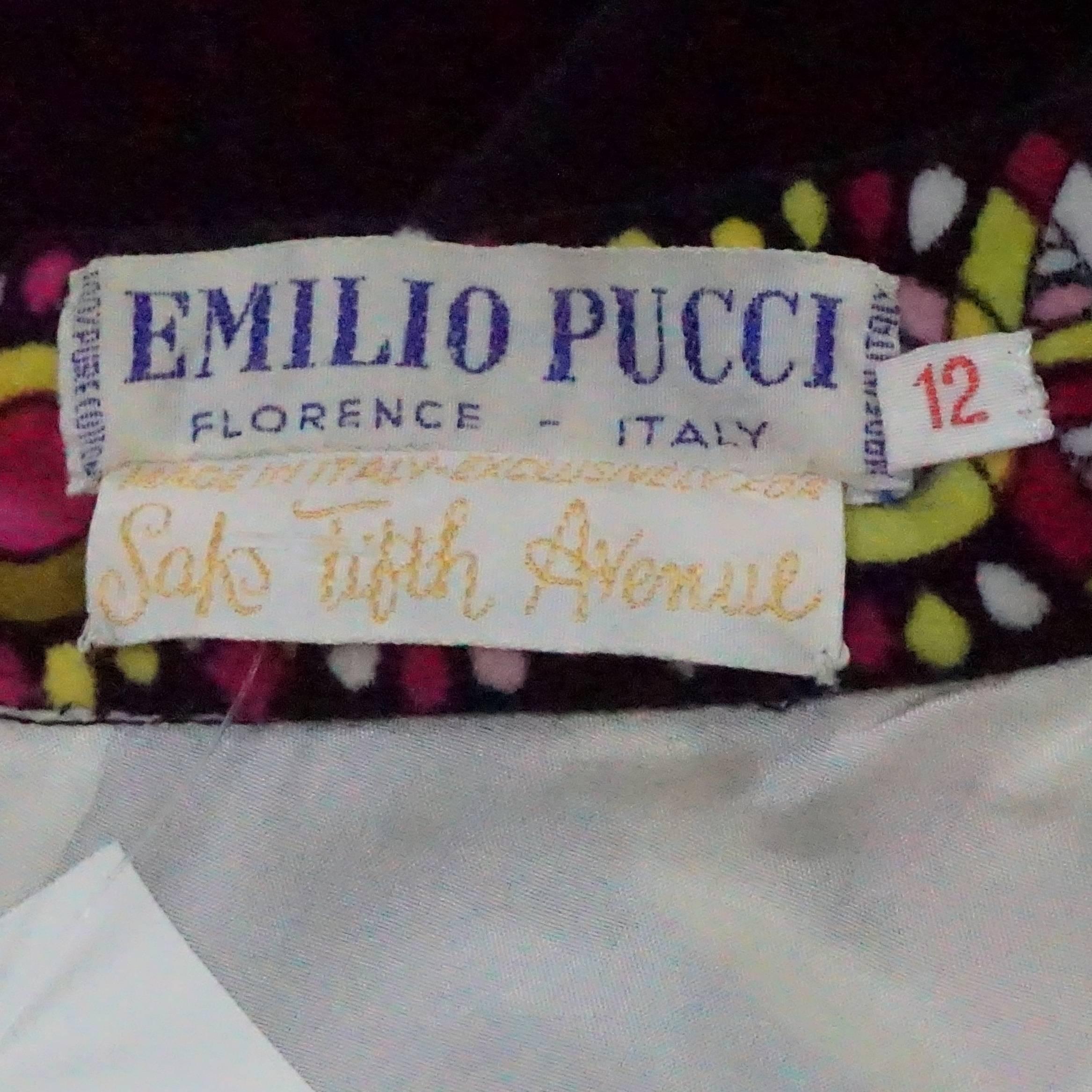 Emilio Pucci Black & Multi Velvet shift dress w/ bracelet sleeve-12 - Circa 60's 2