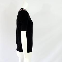 Oscar de la Renta Black Cashmere / Silk Short Sleeve Top with Beaded Collar - S
