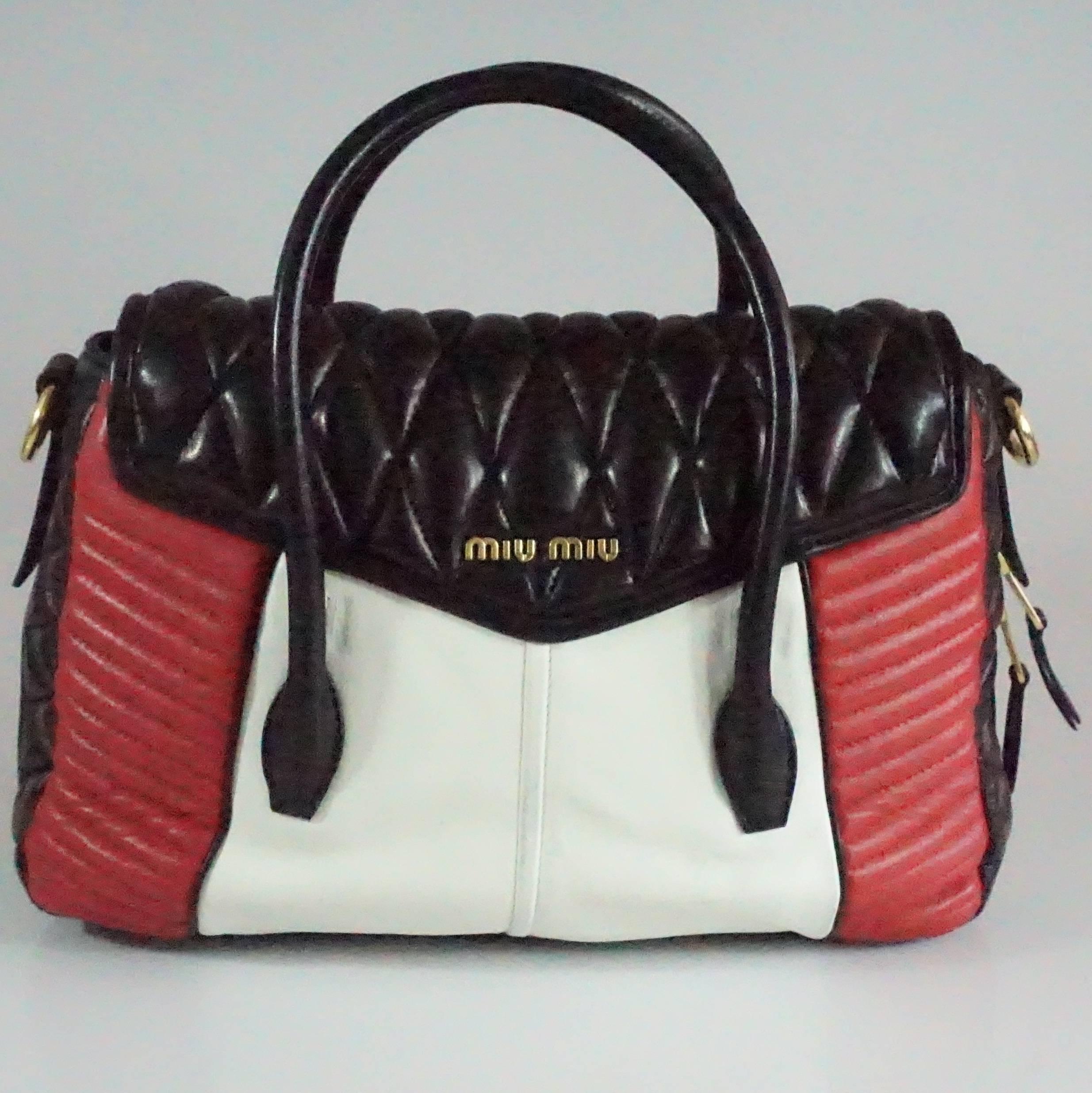Women's Miu Miu Black/White/Red Quilted Handbag - GHW