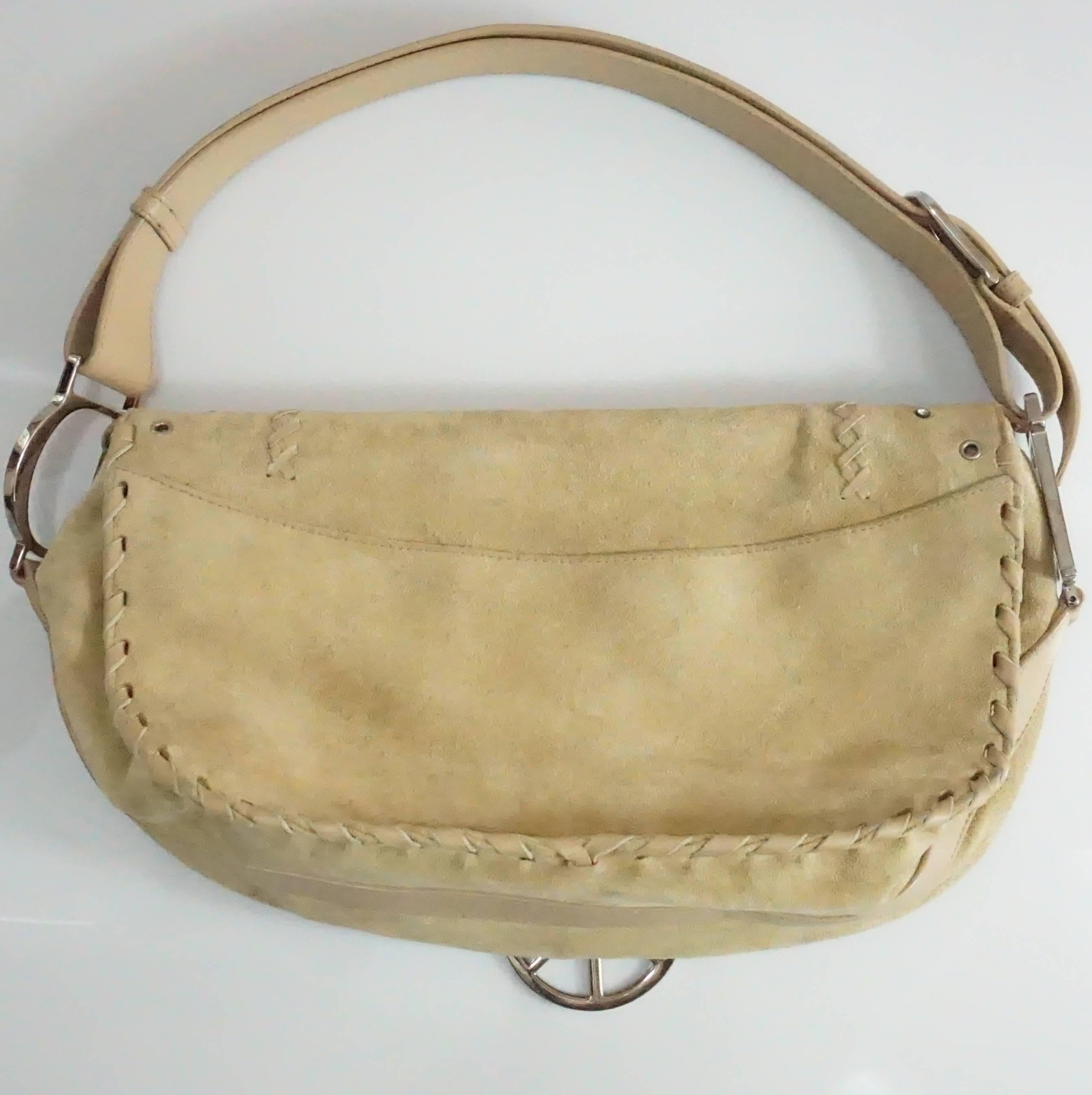 Brown Christian Dior Tan Suede and Leather Large Pouchette w/ Rhinestones-SHW