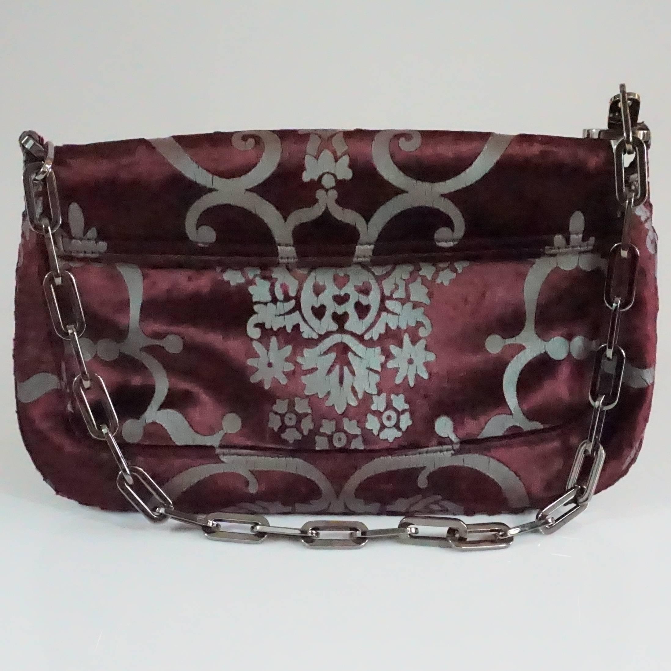 Women's Gucci Eggplant Velvet and Grey Print Shoulder Handbag - PHW